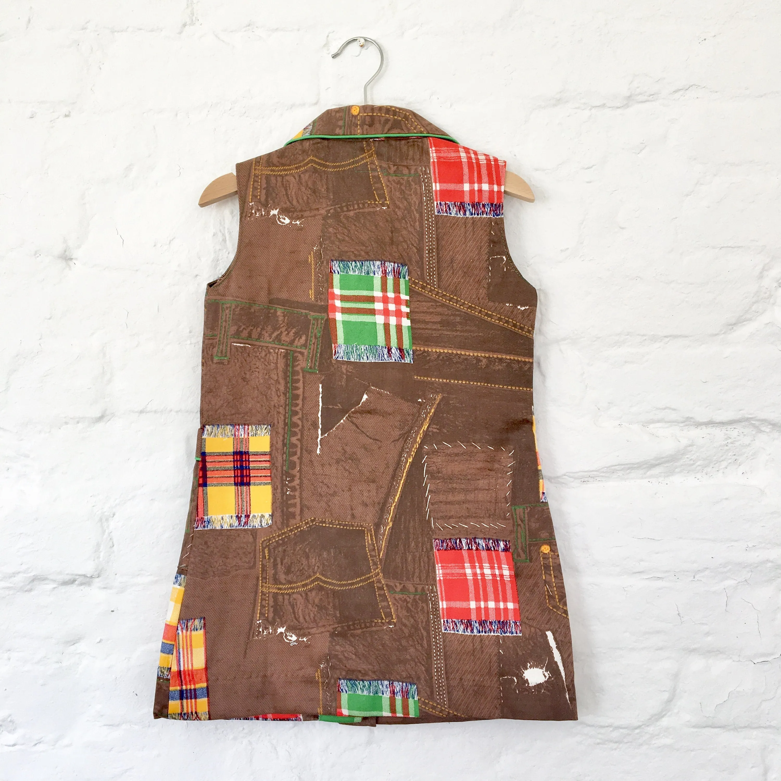 1960's Brown Patchwork Dress / 4-5, 6-8, 8-10Y