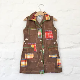 1960's Brown Patchwork Dress / 4-5, 6-8, 8-10Y