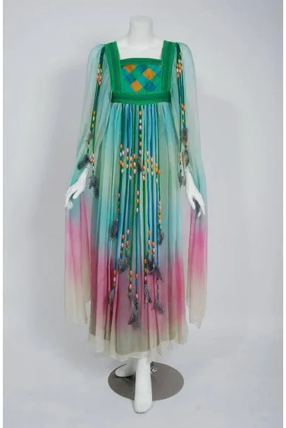 1975 Gina Fratini Elizabeth Taylor Wedding Ombre Design Chiffon Bohemian Dress