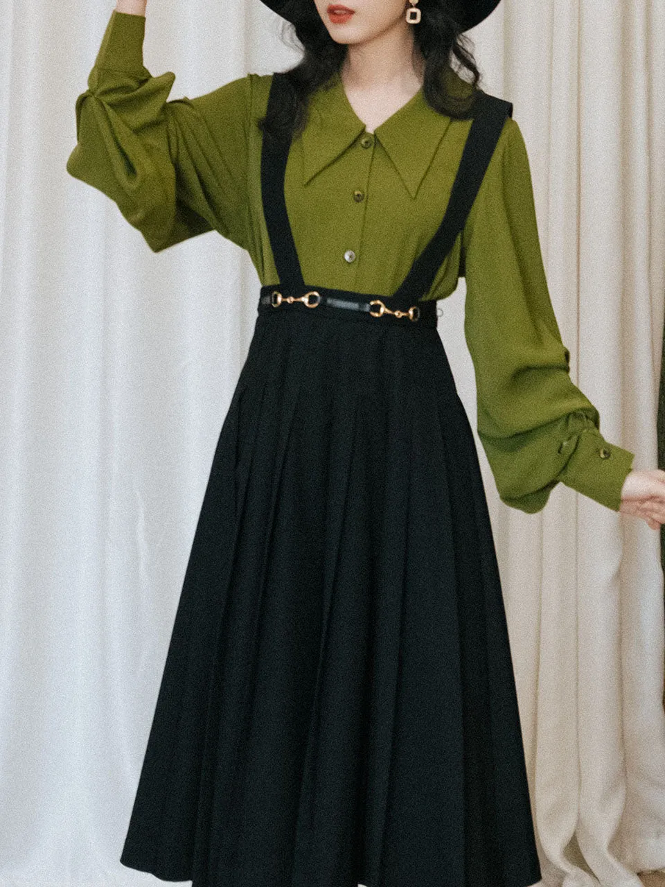 2PS Dark Green Shirt And Black Swing Strap Dress 1950S Dresss Set