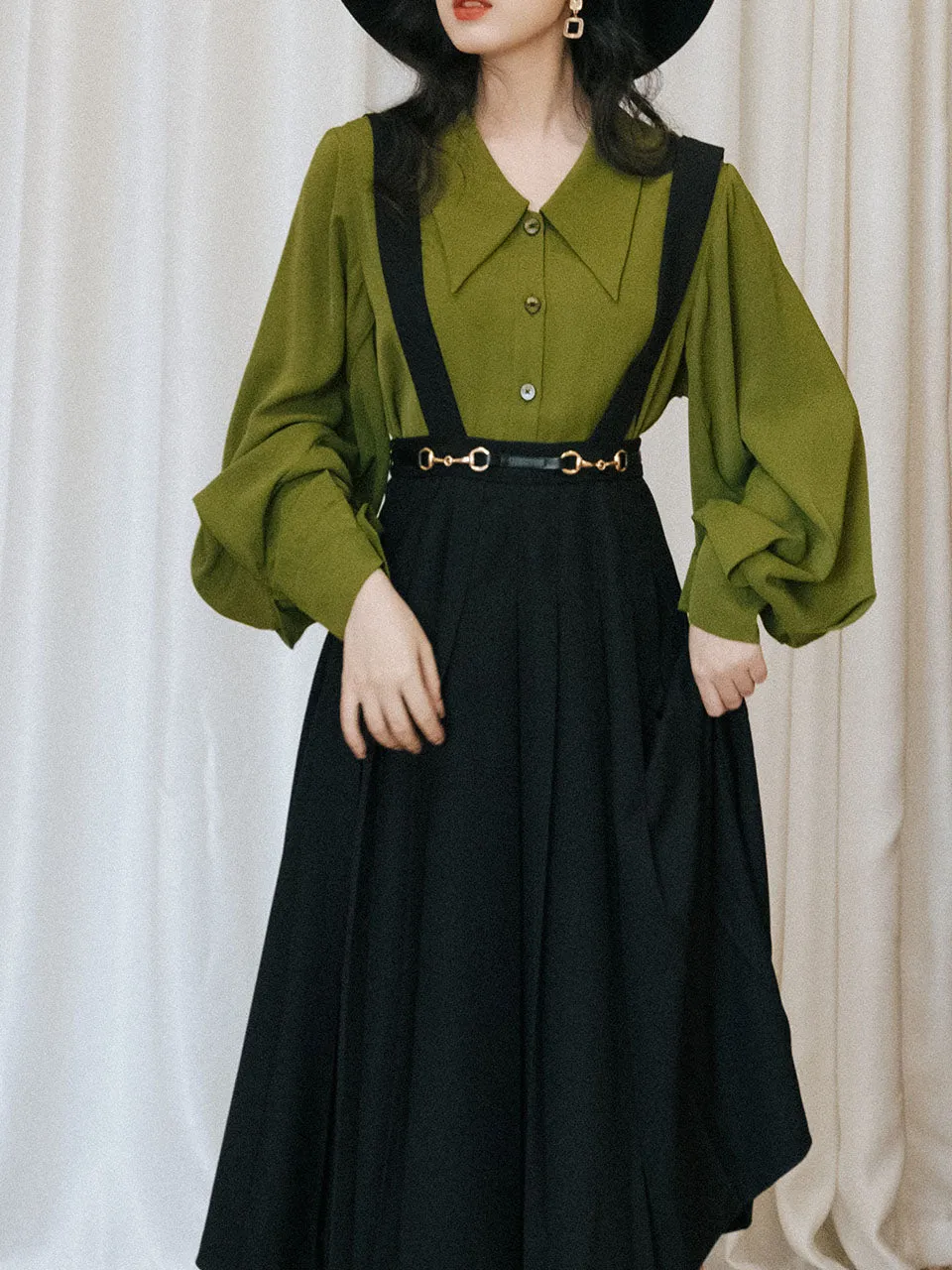 2PS Dark Green Shirt And Black Swing Strap Dress 1950S Dresss Set