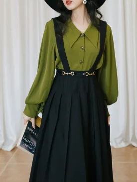 2PS Dark Green Shirt And Black Swing Strap Dress 1950S Dresss Set