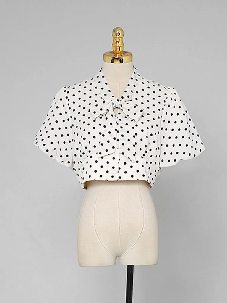 2PS Tie Bow Cropped Polka Dot Top Apricot Ruffle A-Line Skirt Set