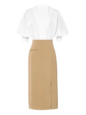 2PS V Neck White Shirt And Khaki Split Sexy Bodycon Skirt Suit