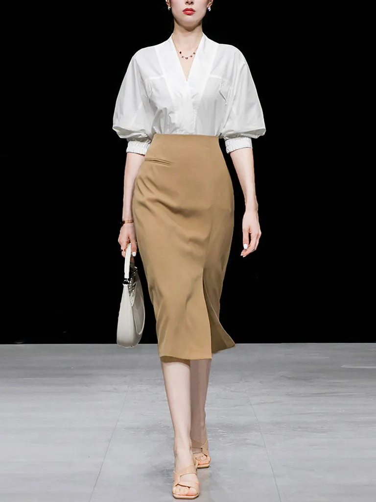 2PS V Neck White Shirt And Khaki Split Sexy Bodycon Skirt Suit