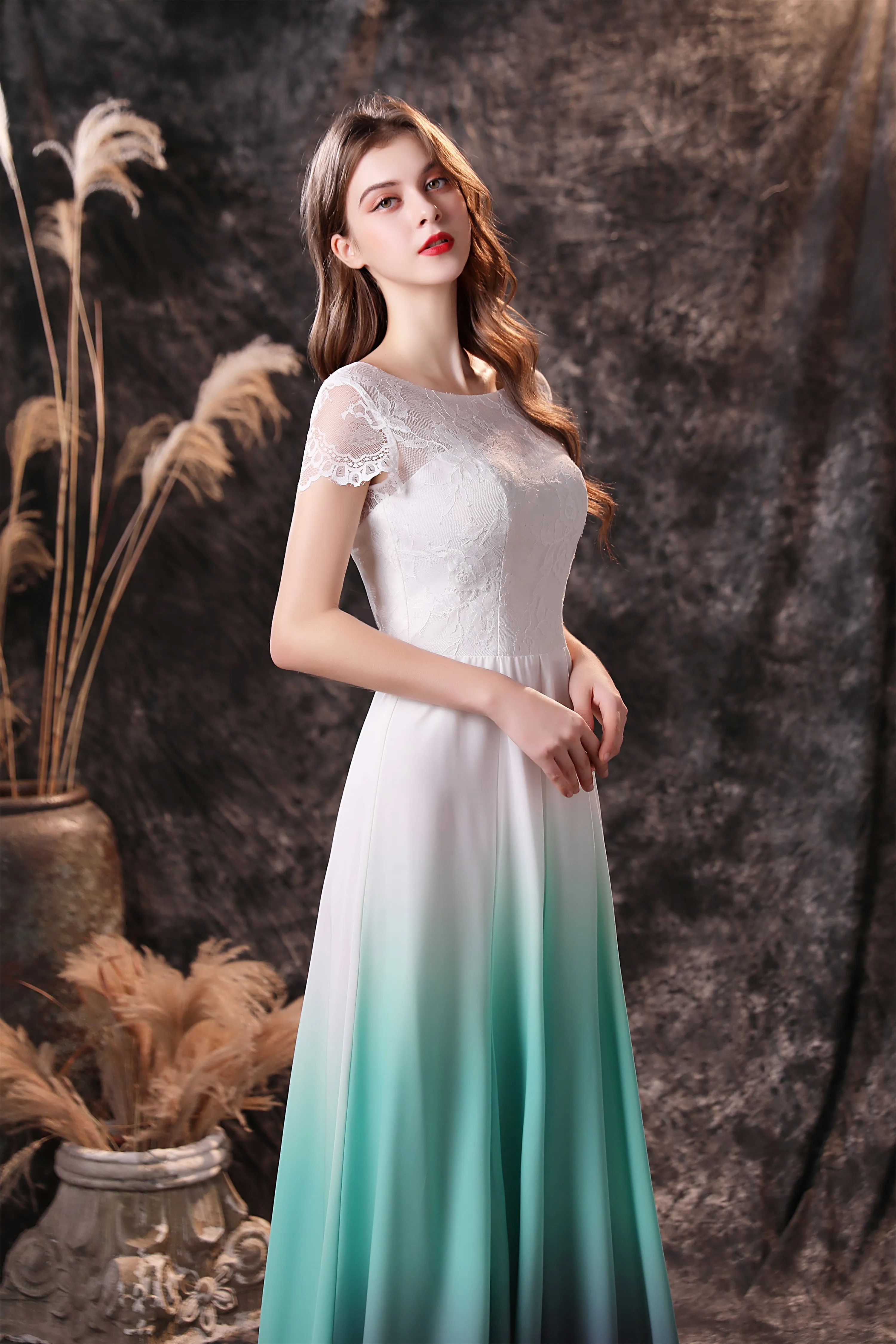 A Line Cap Sleeve Ombre Silk Floor Length Prom Dresses