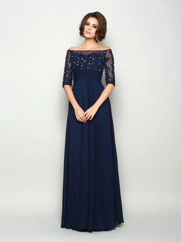 A-Line Chiffon Off-the-Shoulder 1/2 Sleeves Floor-Length With Beading Mother of the Bride Dresses