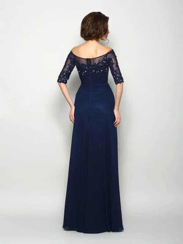 A-Line Chiffon Off-the-Shoulder 1/2 Sleeves Floor-Length With Beading Mother of the Bride Dresses