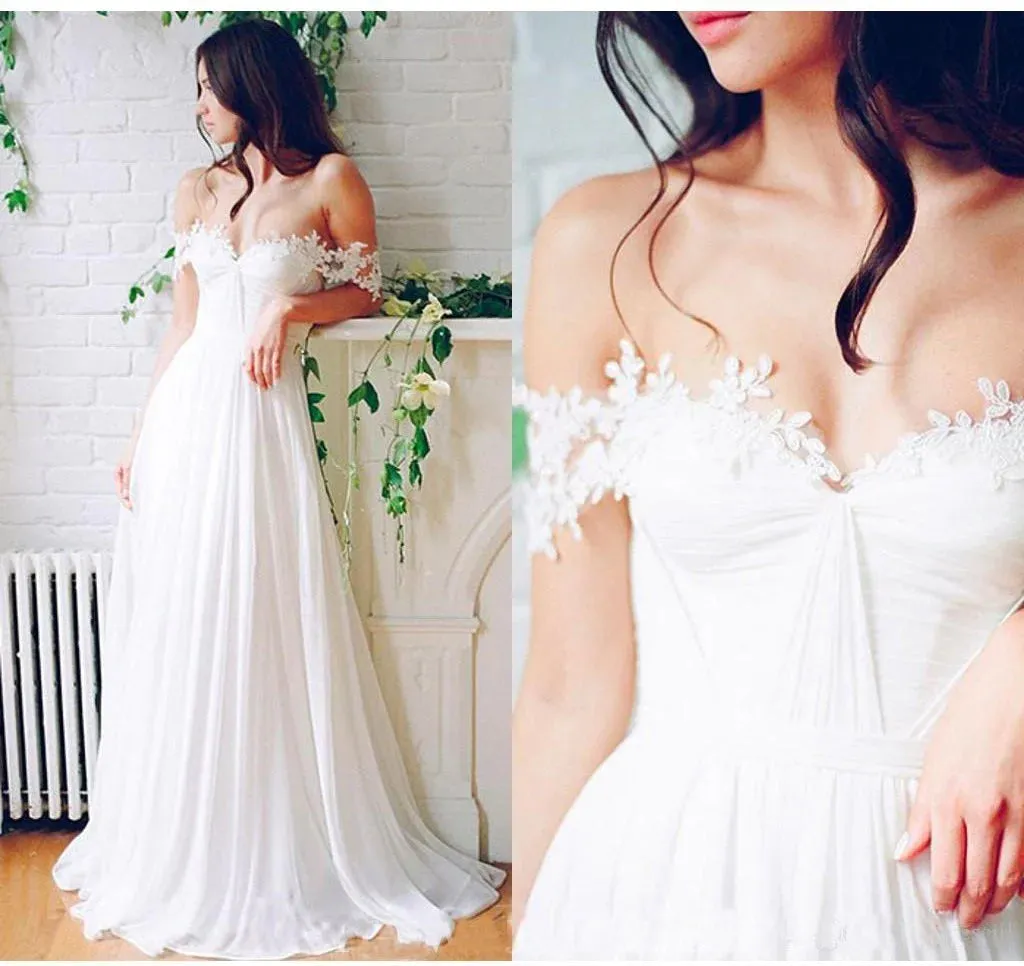 A Line Chiffon Sweetheart Lace Off the Shoulder Beach Wedding Dresses with Pleats