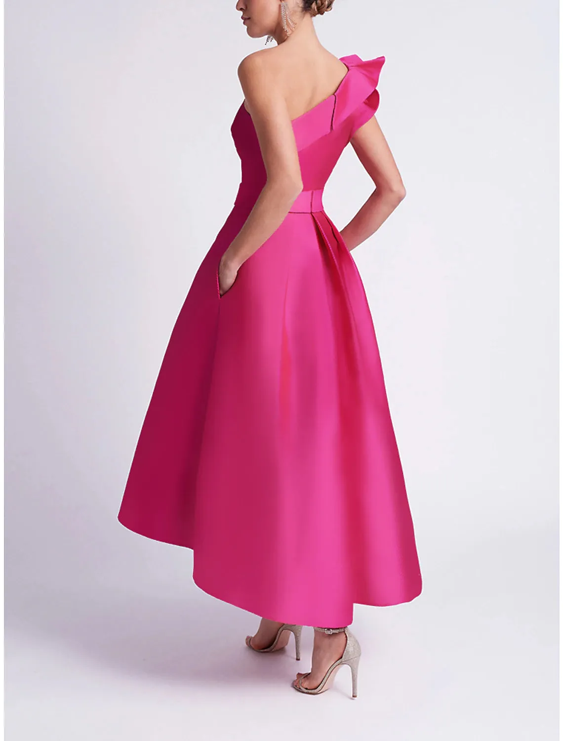 A-Line Cocktail Dresses Elegant Dress Summer Asymmetrical Sleeveless One Shoulder Fall Wedding Guest Satin with Pocket