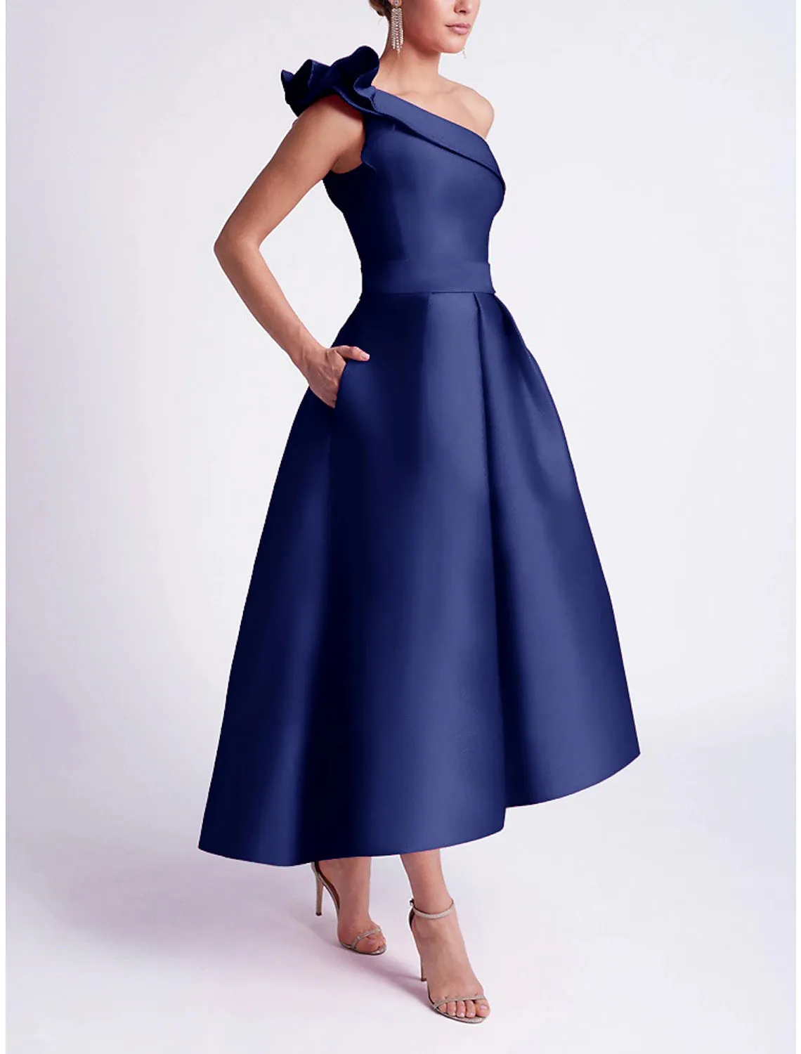 A-Line Cocktail Dresses Elegant Dress Summer Asymmetrical Sleeveless One Shoulder Fall Wedding Guest Satin with Pocket