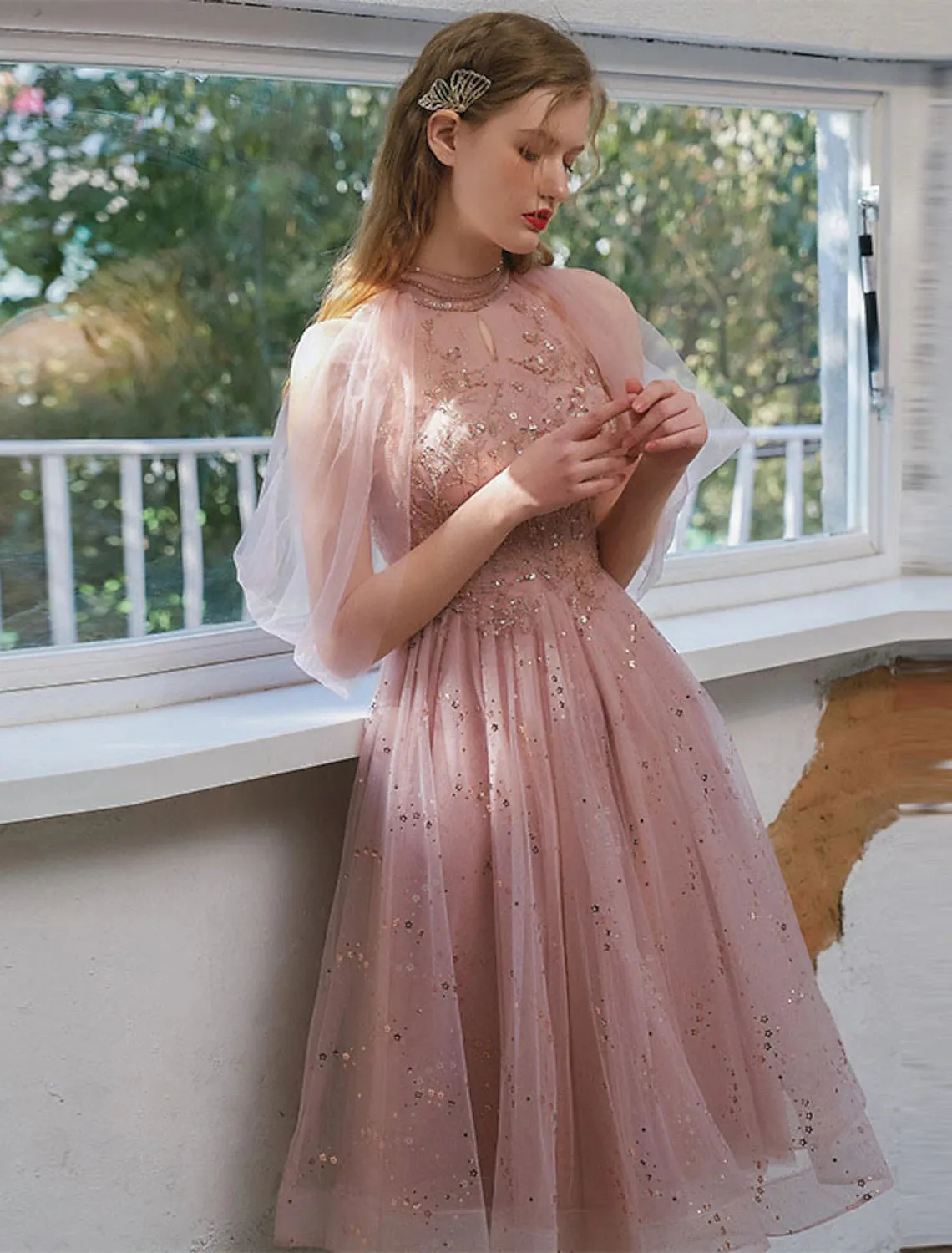 A-Line Cocktail Dresses Elegant Dress Wedding Guest Graduation Knee Length 3/4 Length Sleeve Jewel Neck Tulle with Sequin Appliques