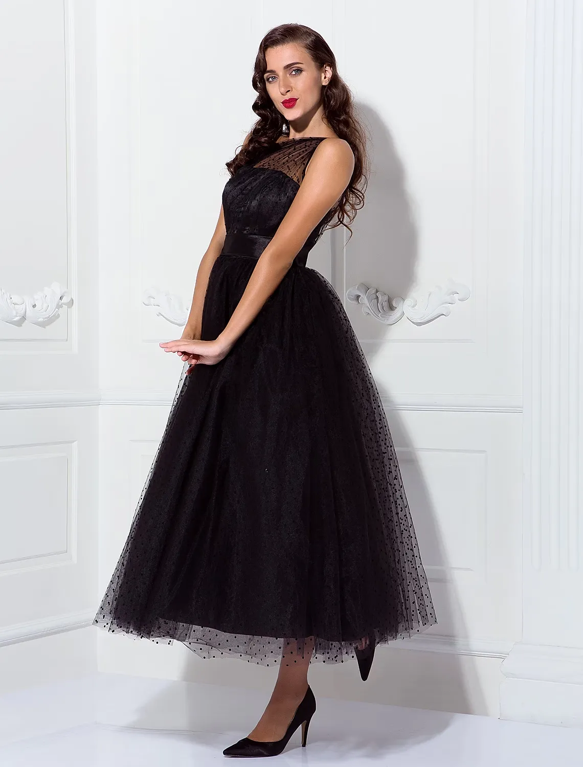 A-Line Cocktail Dresses Vintage Dress Wedding Guest Ankle Length Sleeveless One Shoulder Wednesday Addams Family Tulle with Pleats Pattern / Print