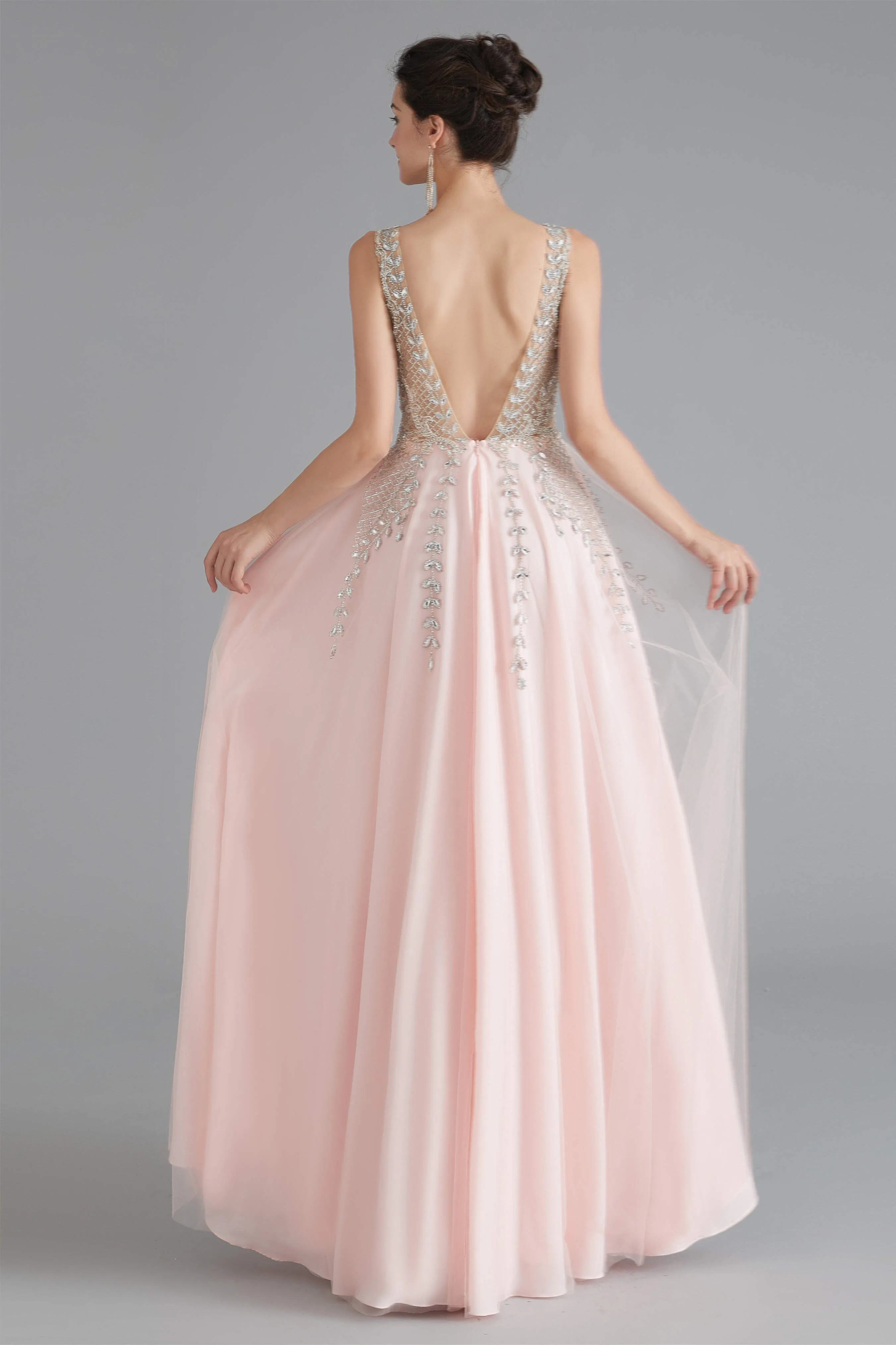 A Line Crystal Pink Split V Neck Backless Beaded Prom Dresses