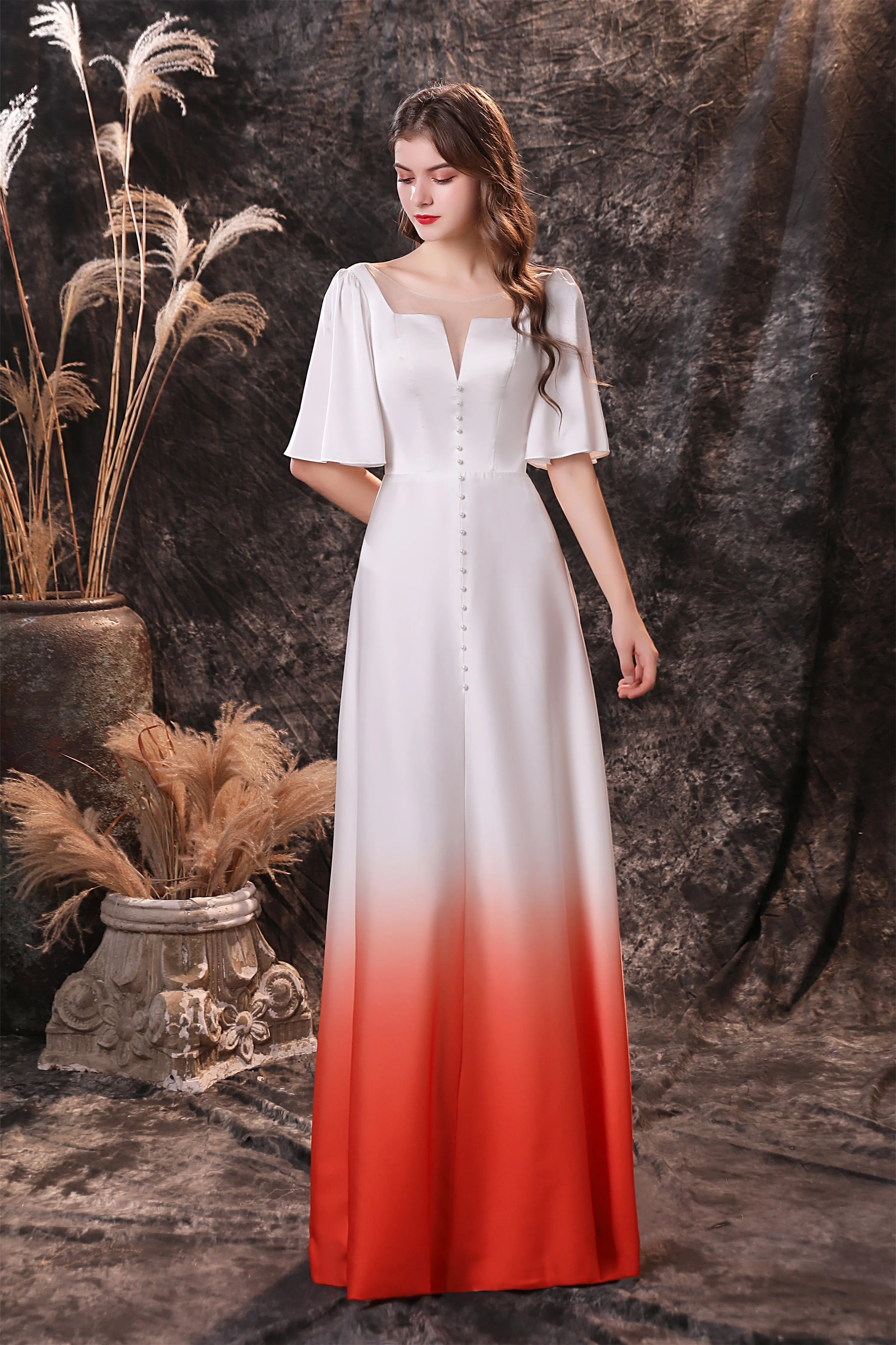 A Line Half Sleeves Ombre Silk Like Satin Floor Length Prom Dresses