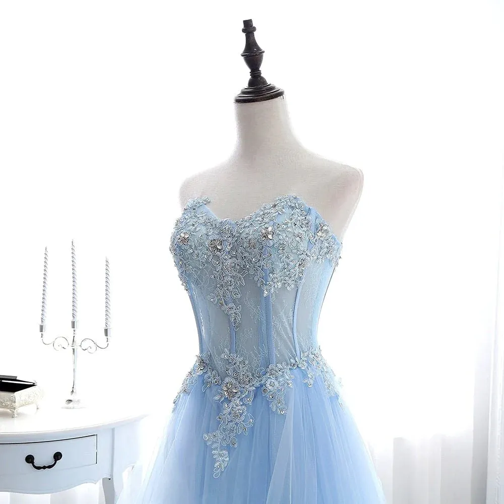 A Line Prom Dresses Sweetheart Tulle With Applique Sweep Train