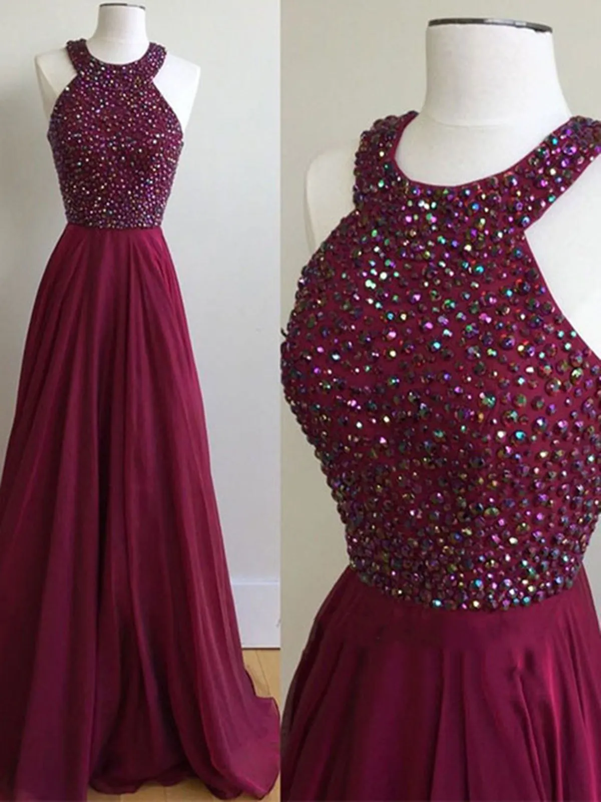 A Line Round Neck Burgundy Prom Dresses, Burgundy Formal Dresses