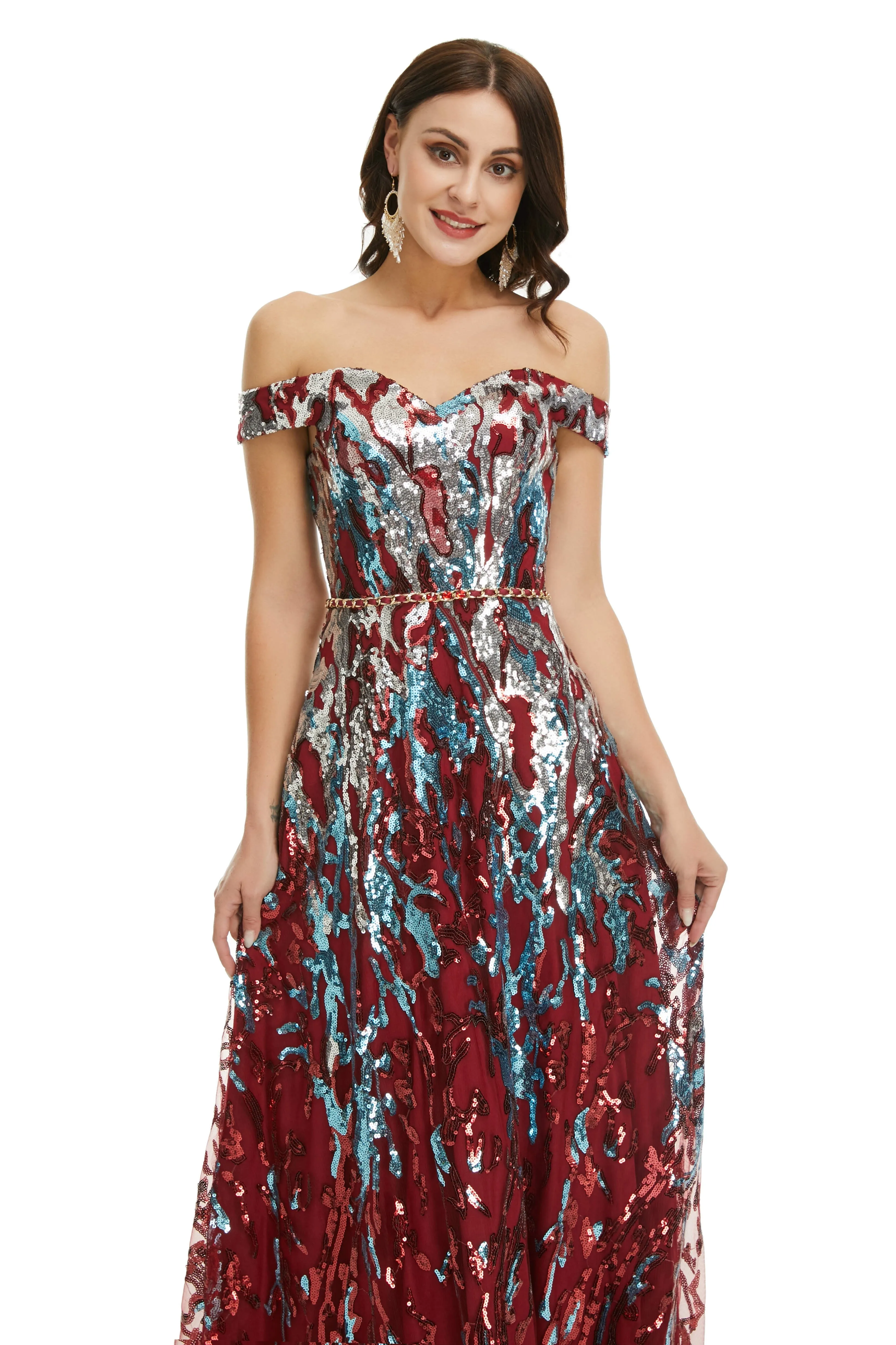 A Line Sequins Off the Shoulder Long Prom Dresses