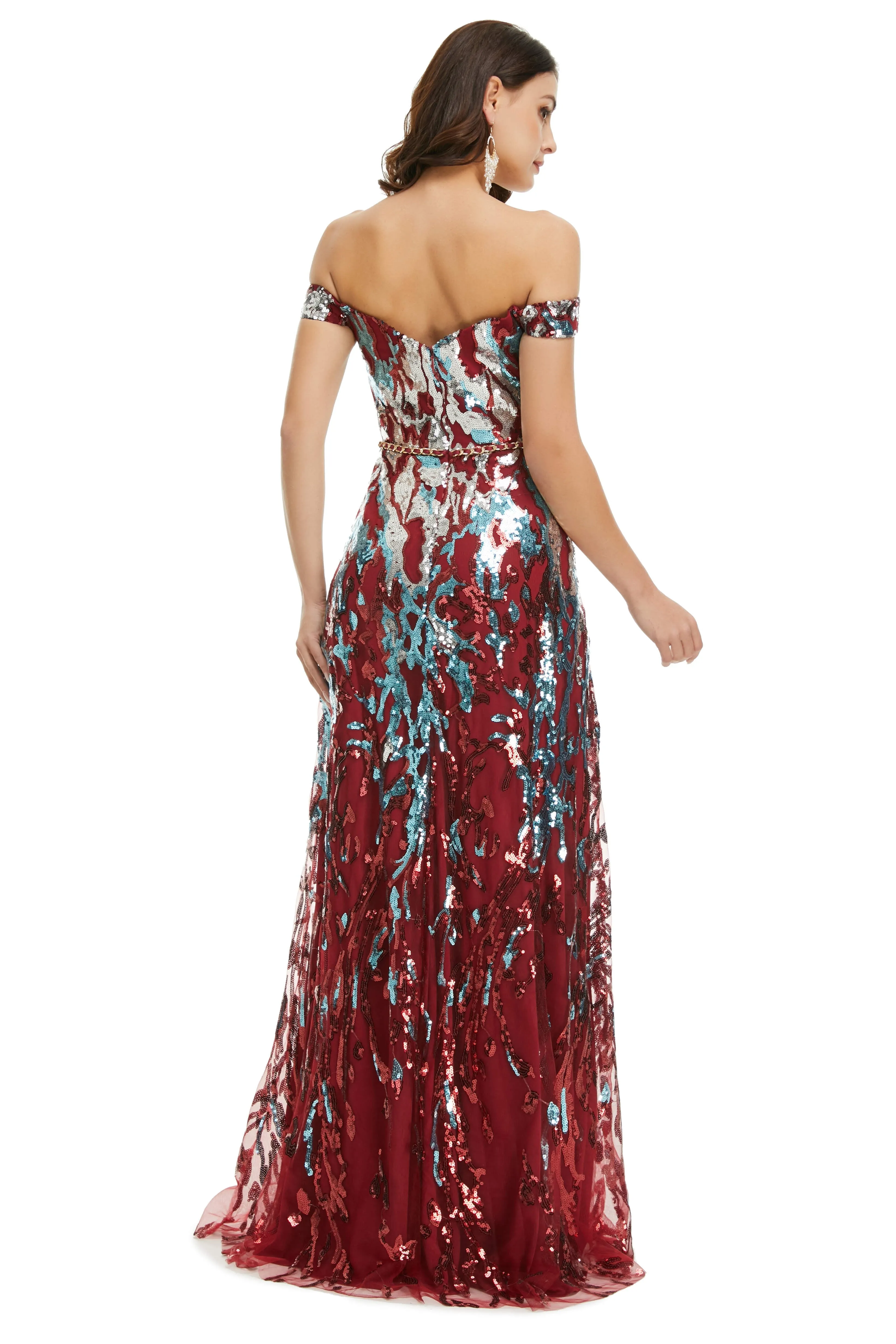 A Line Sequins Off the Shoulder Long Prom Dresses