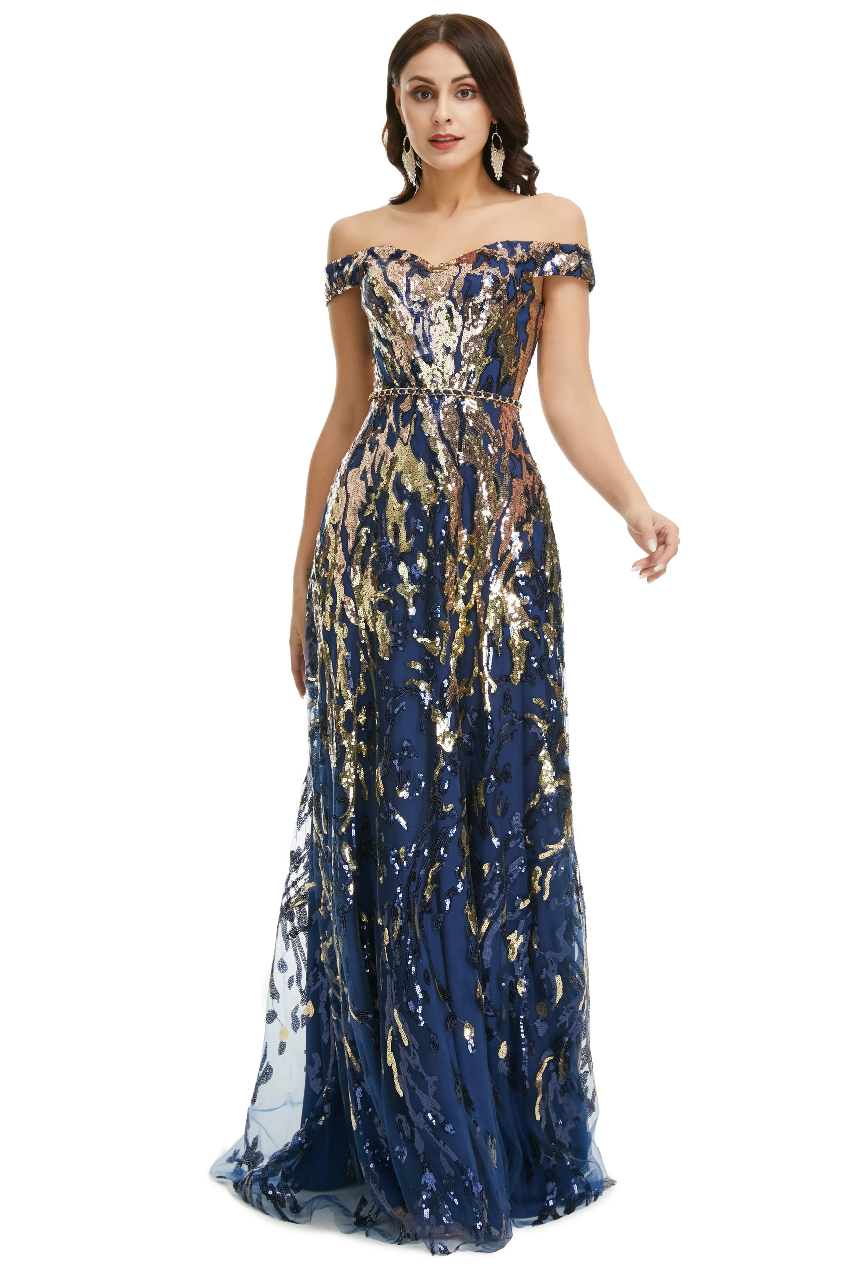 A Line Sequins Off the Shoulder Long Prom Dresses