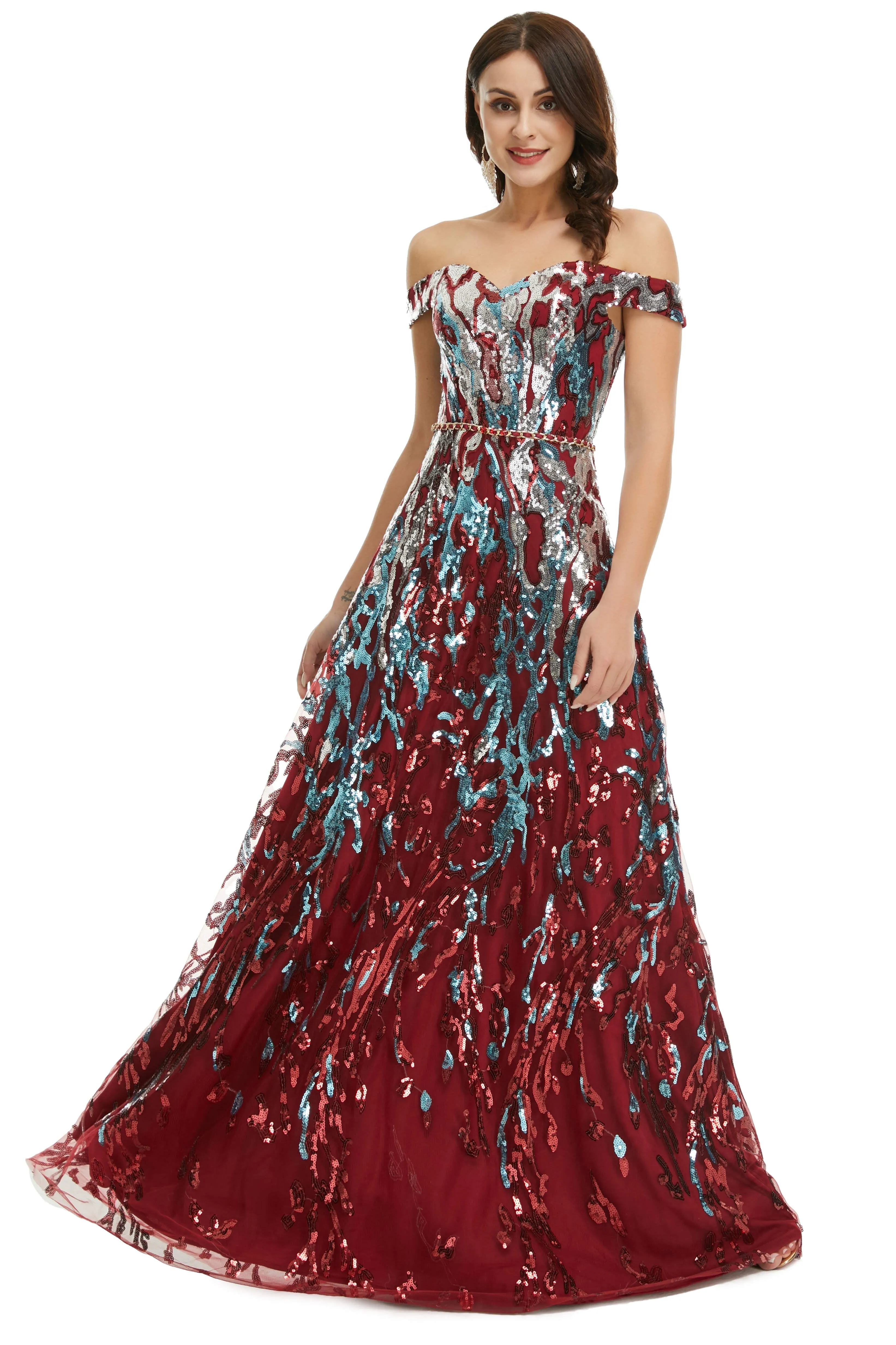 A Line Sequins Off the Shoulder Long Prom Dresses