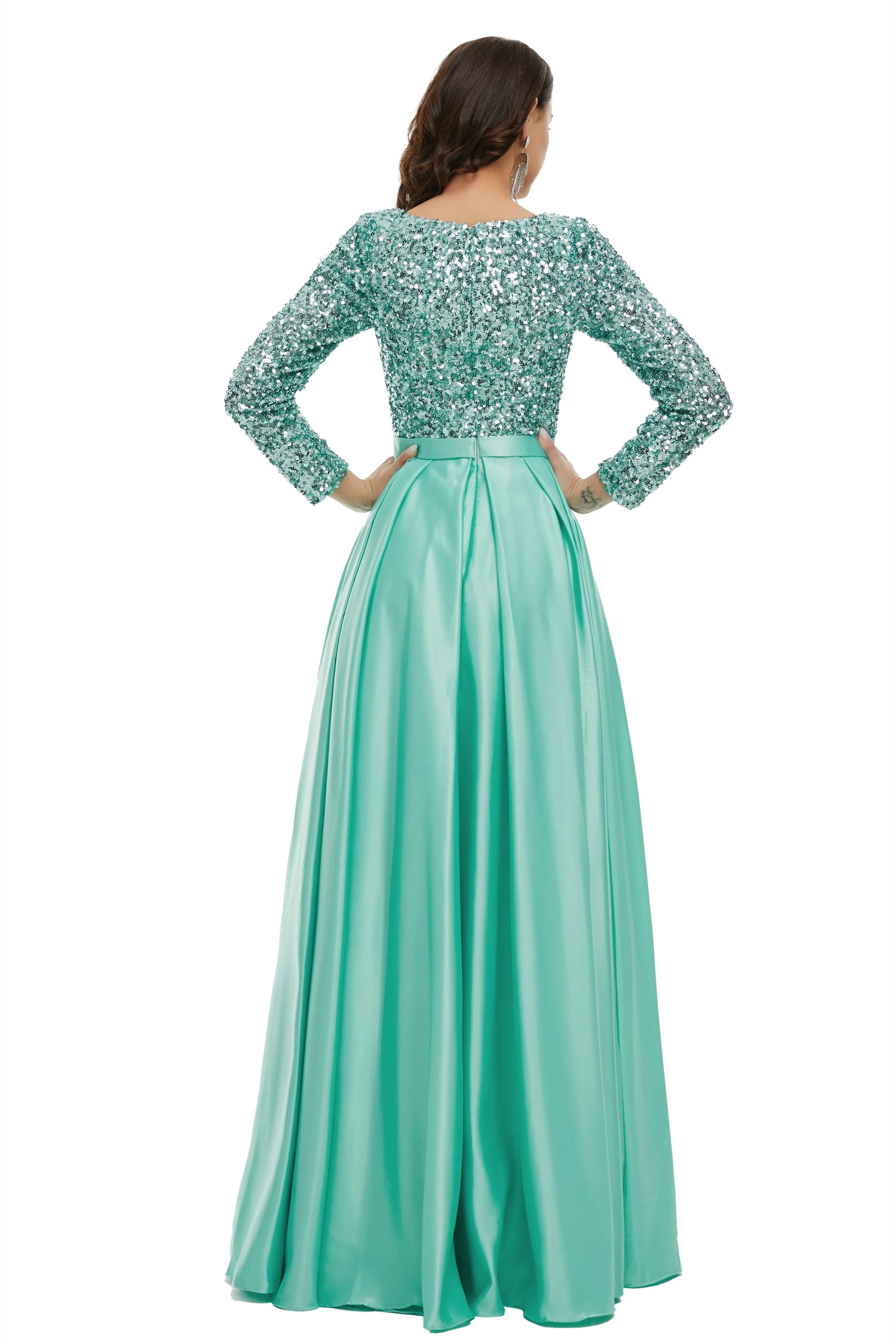 A-Line Sequins Sweet Neck Long Sleeve Prom Dresses