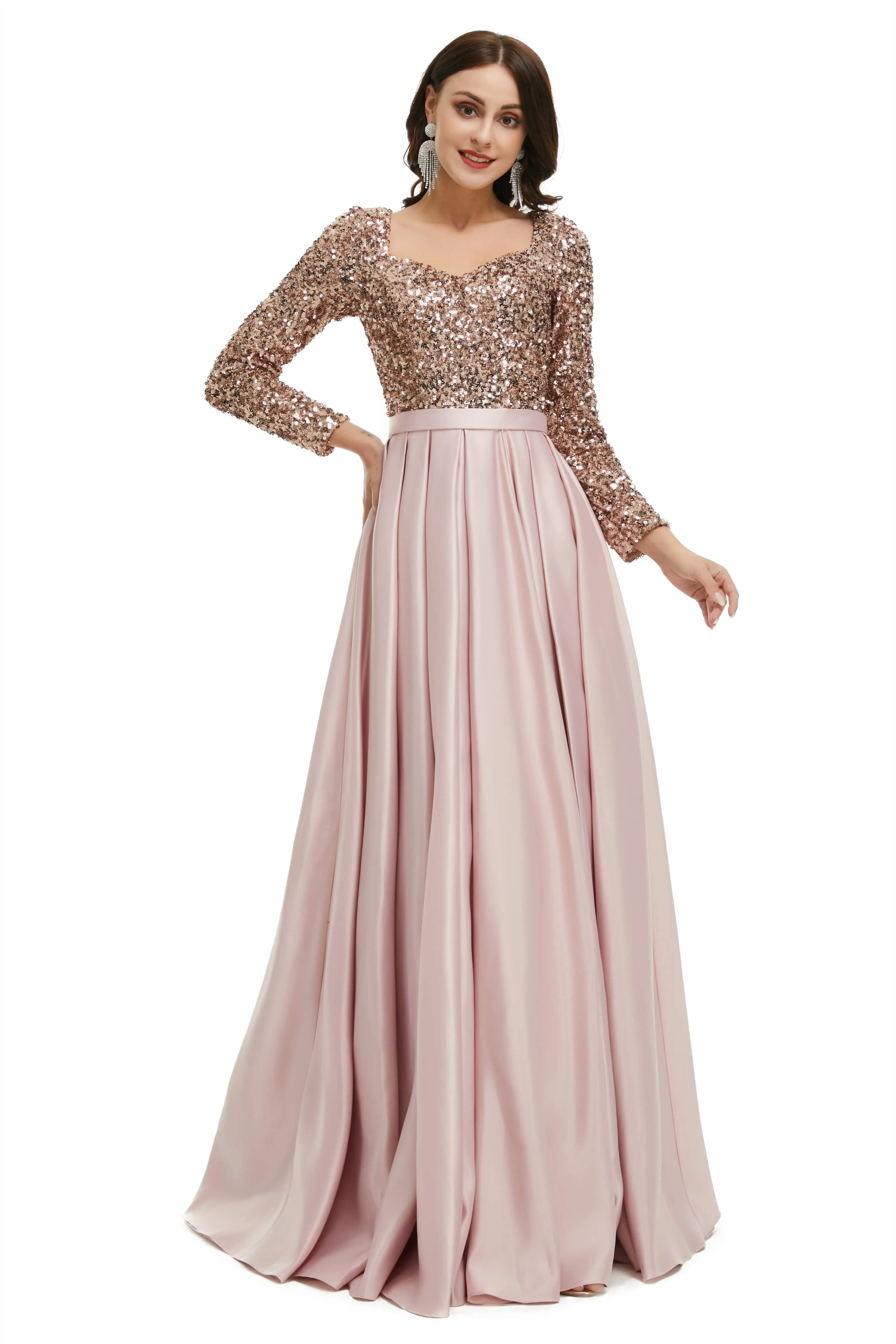 A-Line Sequins Sweet Neck Long Sleeve Prom Dresses