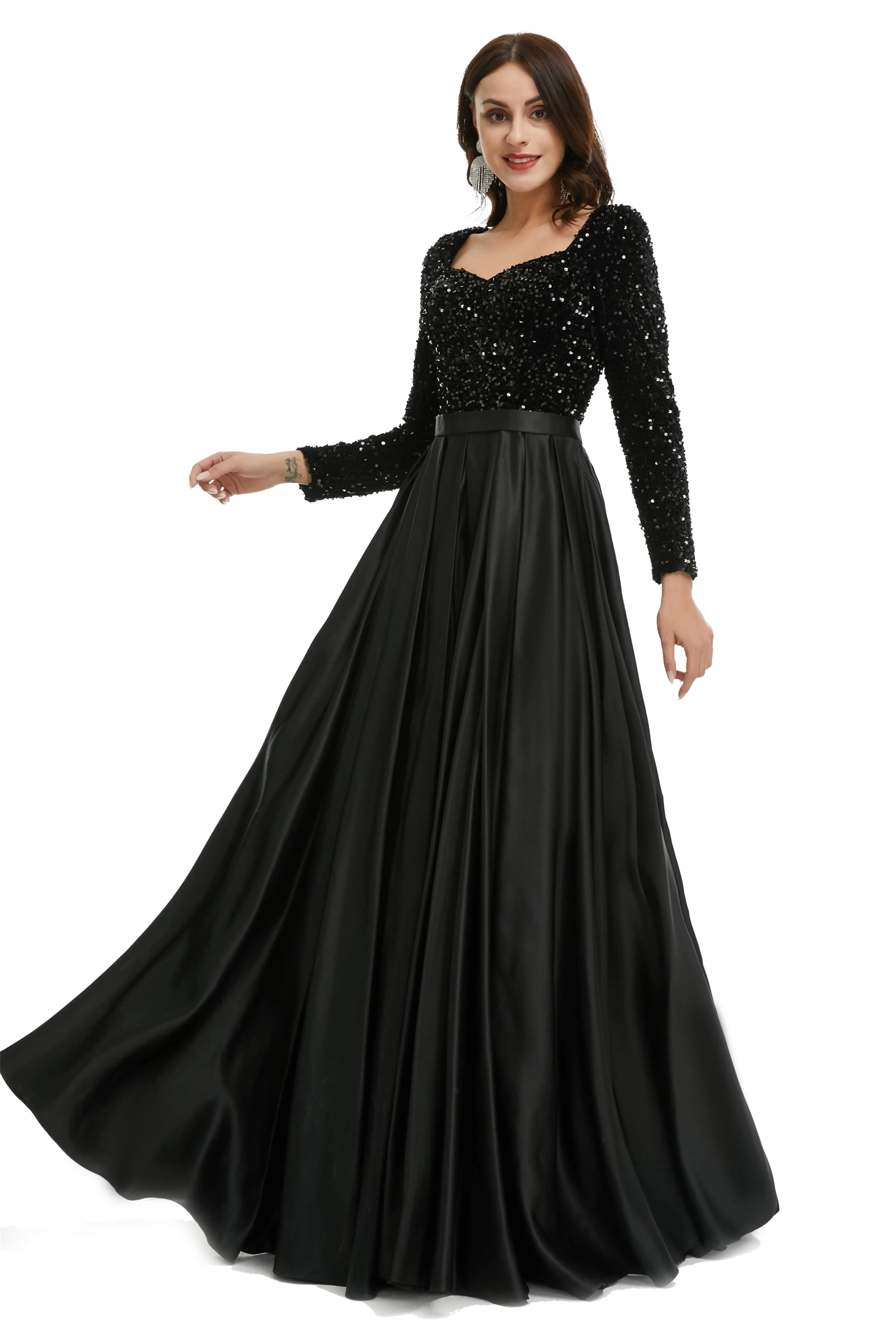 A-Line Sequins Sweet Neck Long Sleeve Prom Dresses