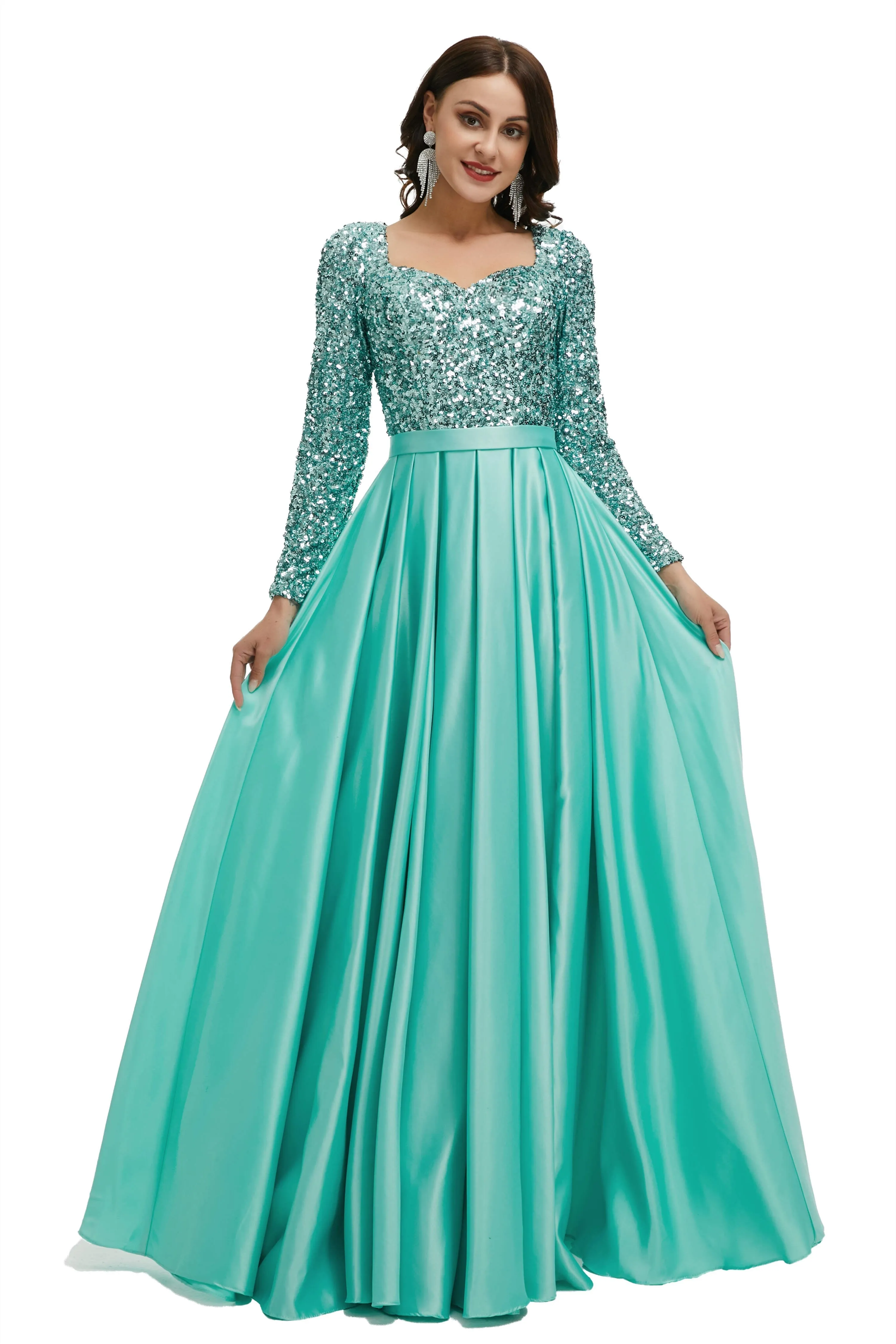 A-Line Sequins Sweet Neck Long Sleeve Prom Dresses