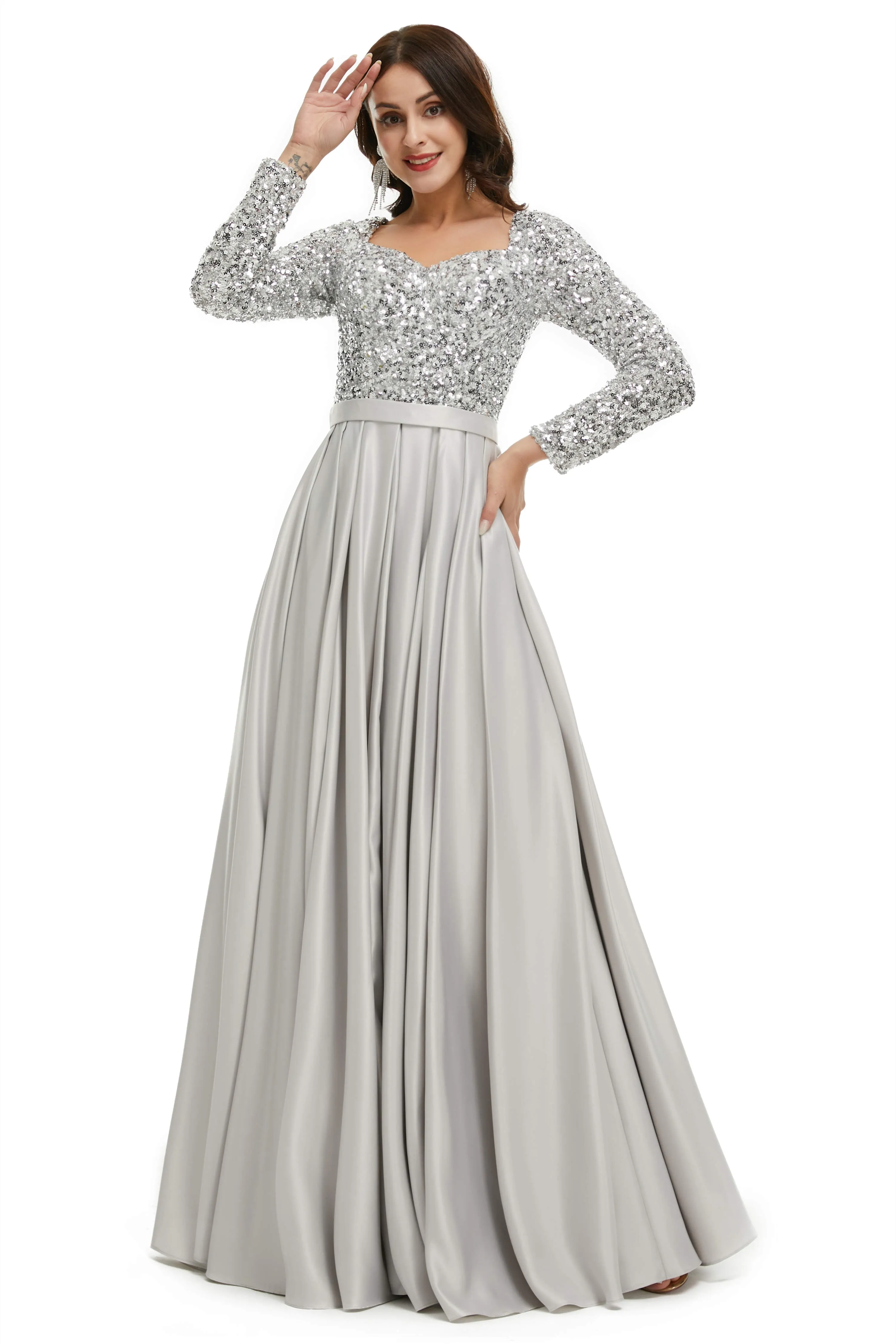 A-Line Sequins Sweet Neck Long Sleeve Prom Dresses