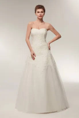 A Line Strapless Ivory Lace Floor Length Wedding Dresses