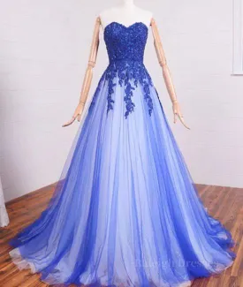 A Line Sweetheart Neck Lace Tulle Blue Long Prom Dresses, Blue Formal Dresses, Blue Lace Evening Dresses