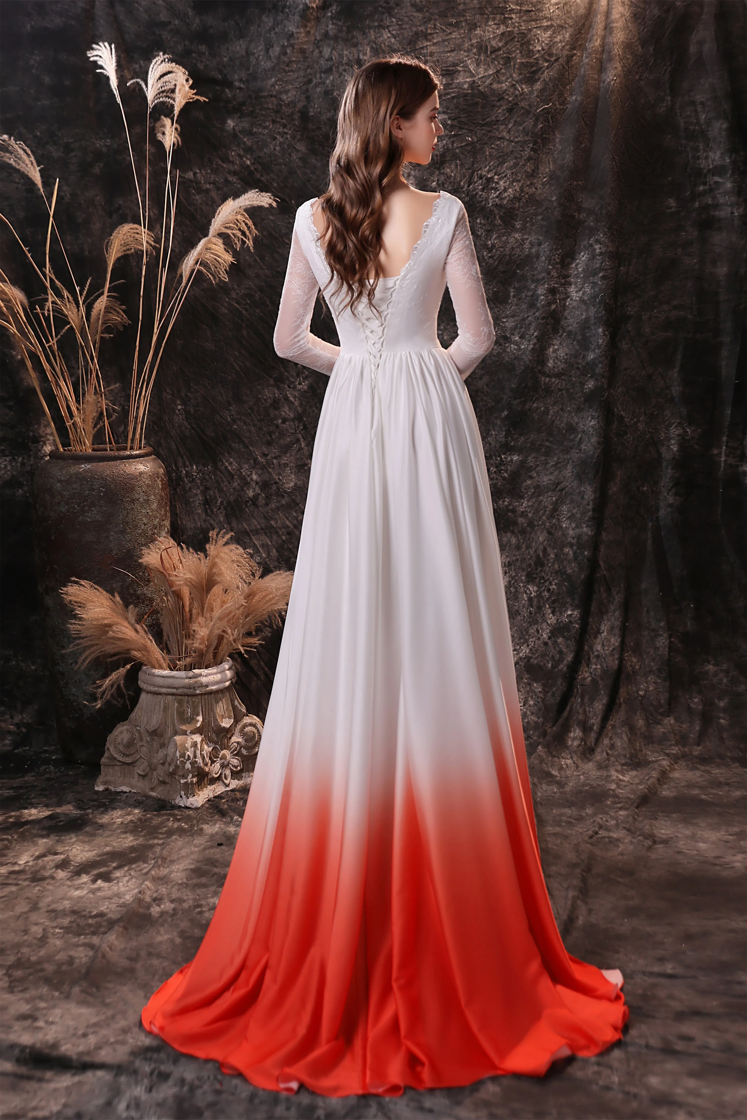 A Line V-Neck Long Sleeve Ombre Silk Like Satin Sweep Train Prom Dresses