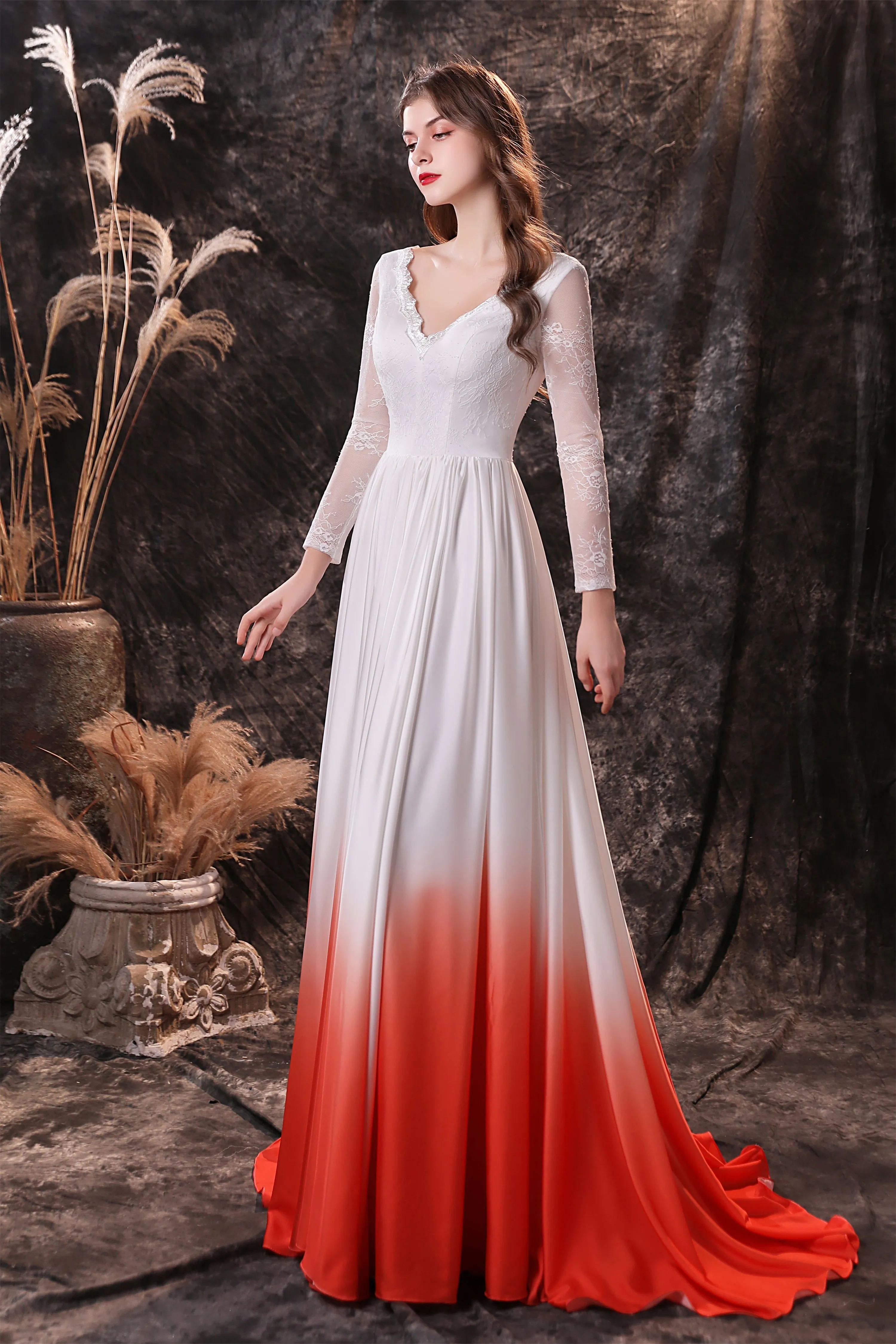 A Line V-Neck Long Sleeve Ombre Silk Like Satin Sweep Train Prom Dresses