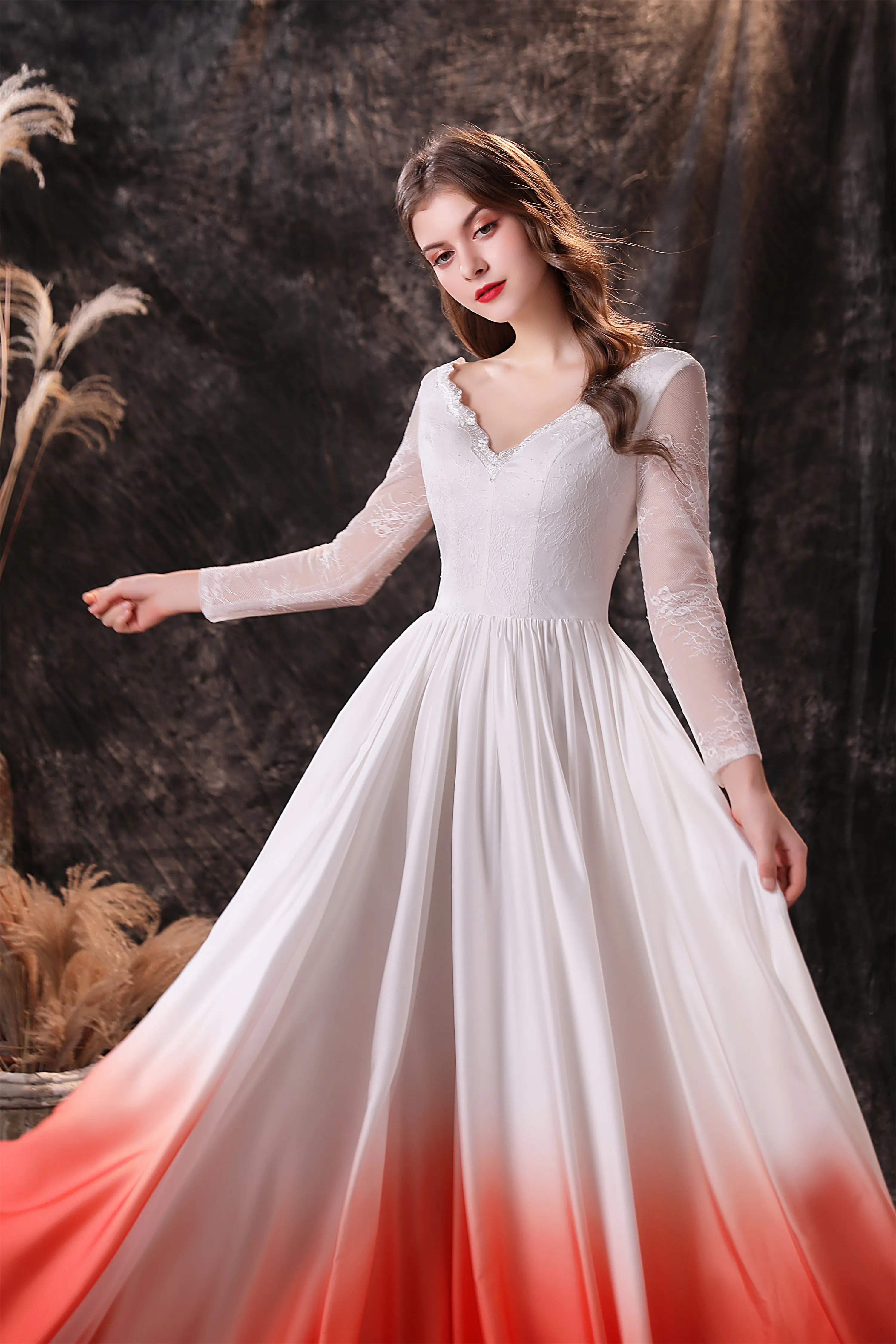 A Line V-Neck Long Sleeve Ombre Silk Like Satin Sweep Train Prom Dresses