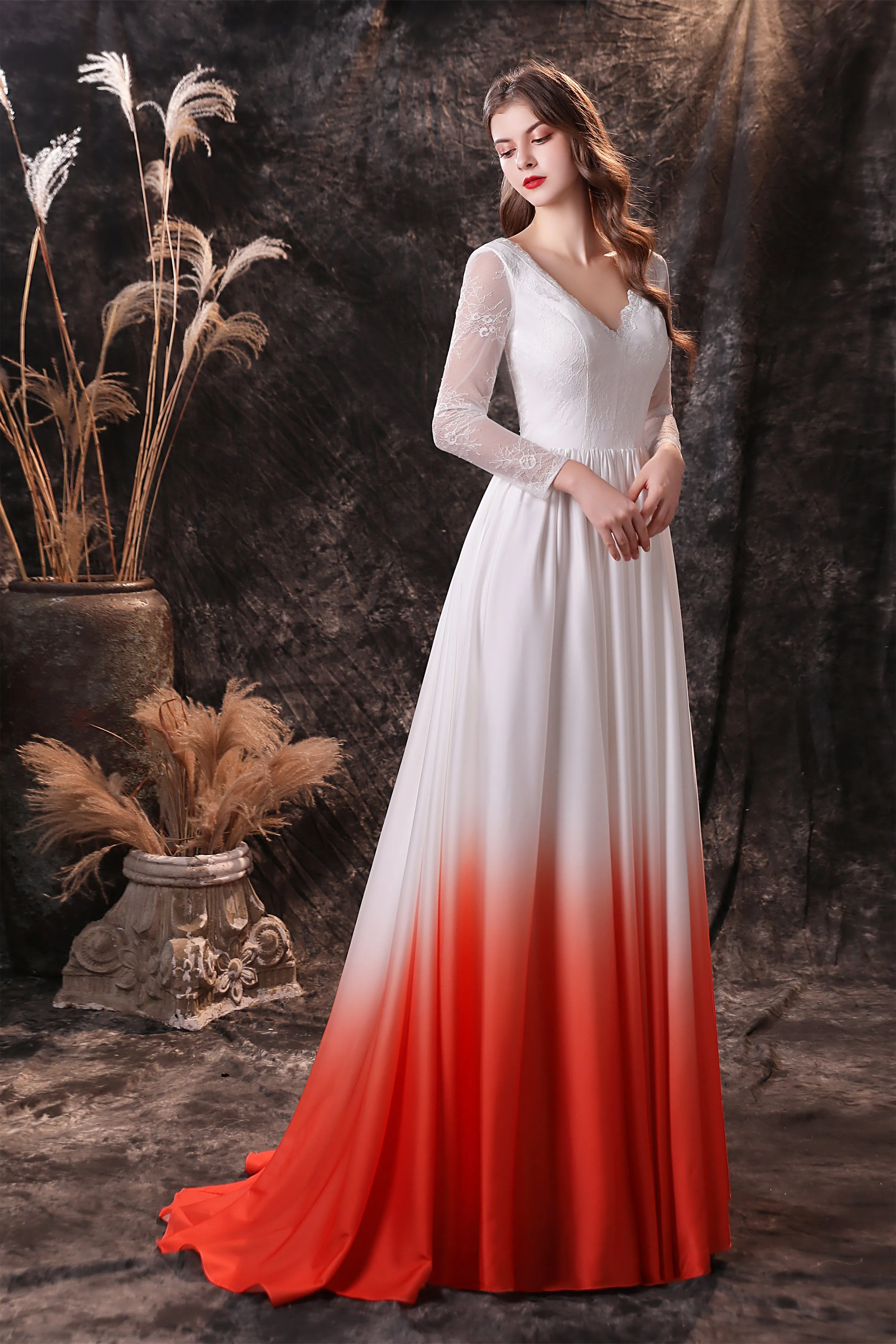 A Line V-Neck Long Sleeve Ombre Silk Like Satin Sweep Train Prom Dresses