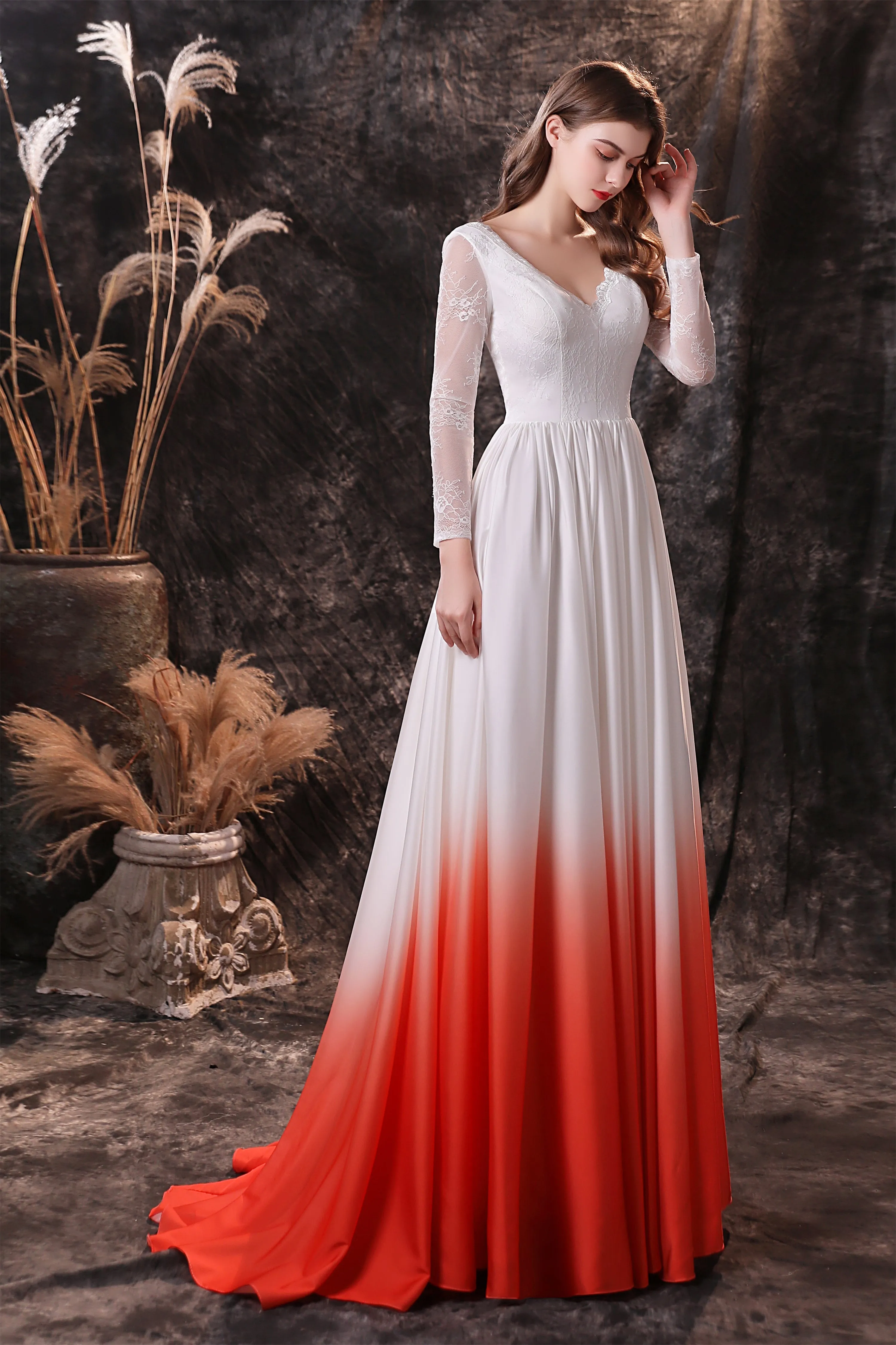 A Line V-Neck Long Sleeve Ombre Silk Like Satin Sweep Train Prom Dresses