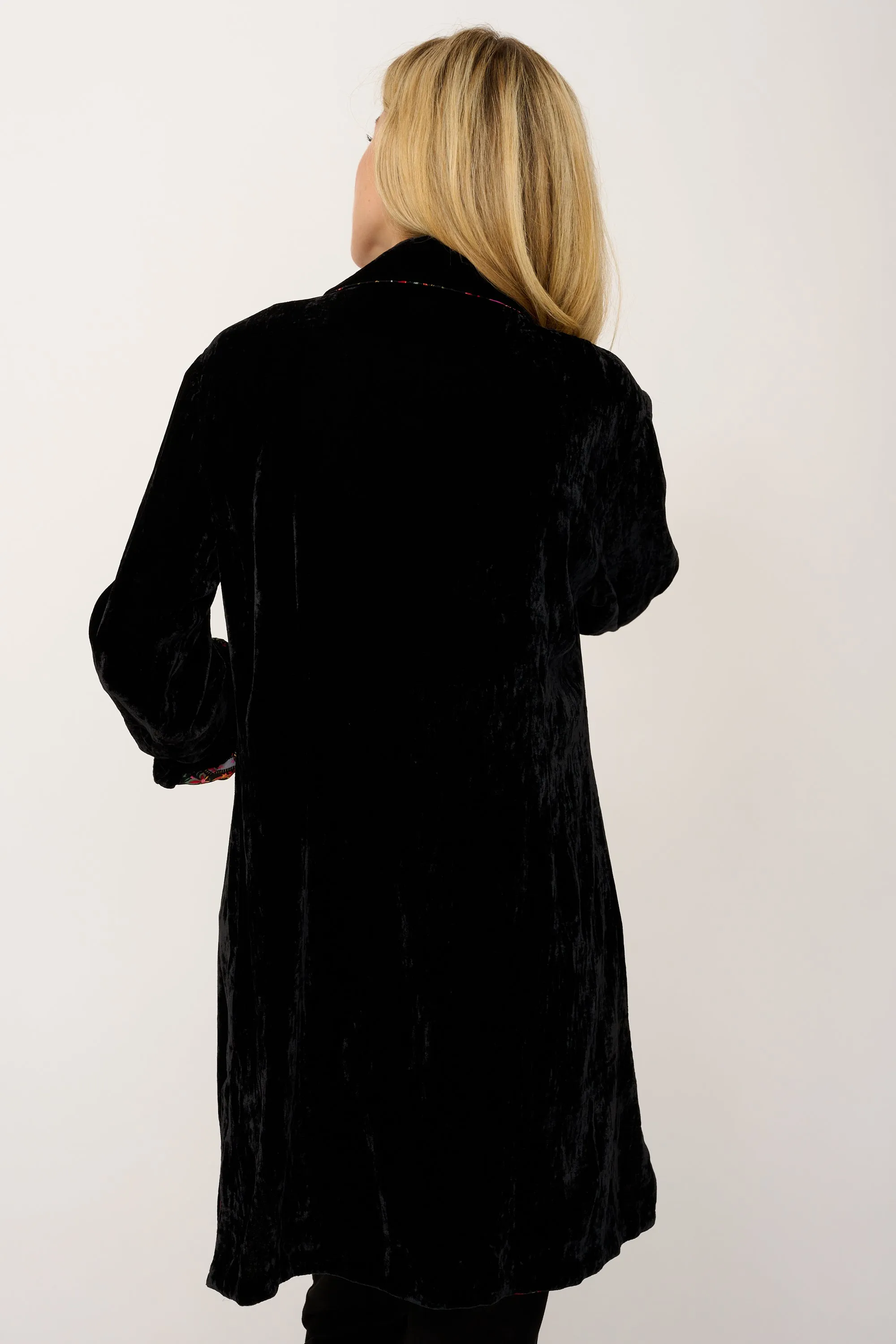 Amanda Silk Velvet Shirt In Black With Lined Cuff & Collar