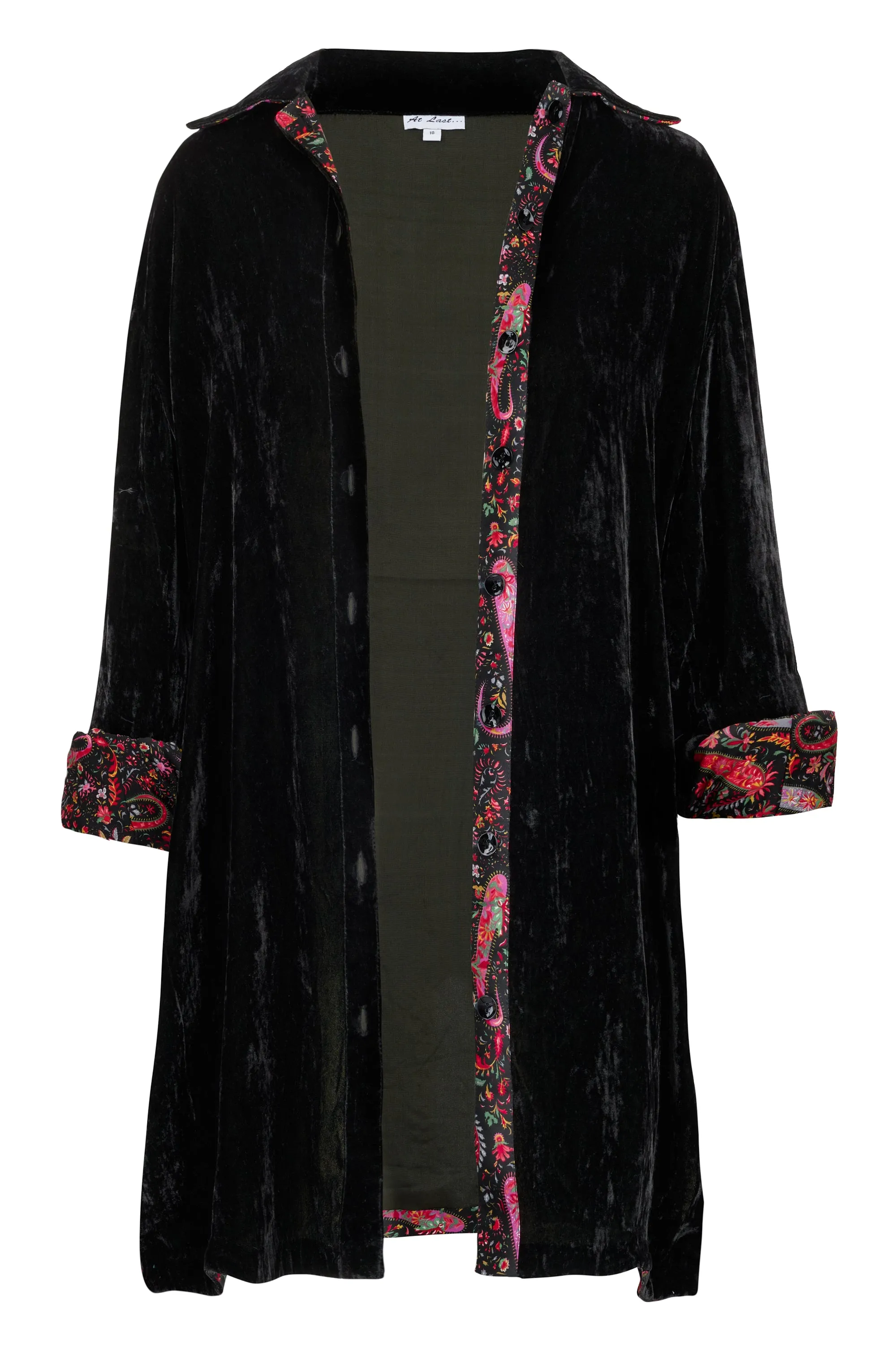 Amanda Silk Velvet Shirt In Black With Lined Cuff & Collar