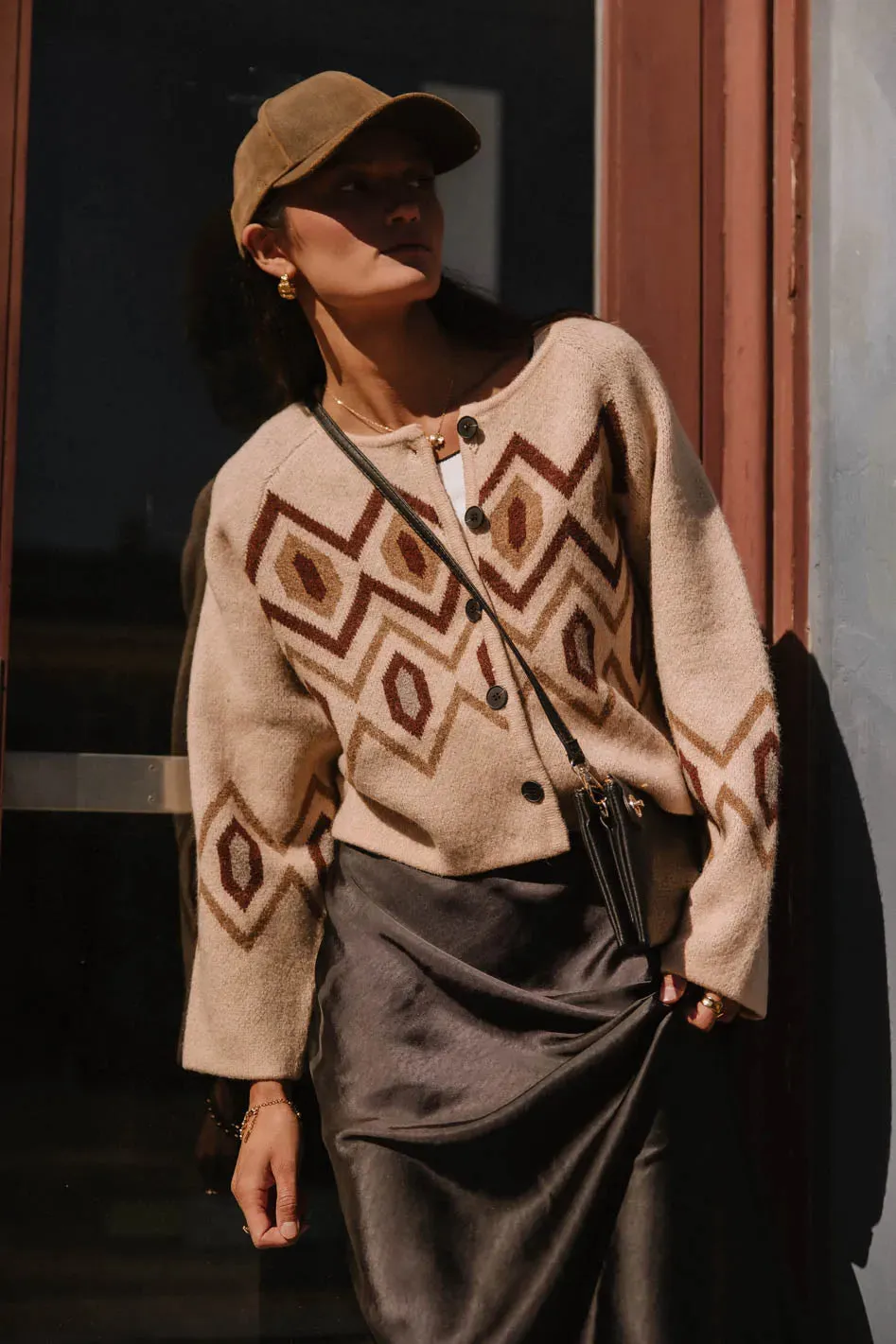 Angelica Geometric Cardigan in Tan