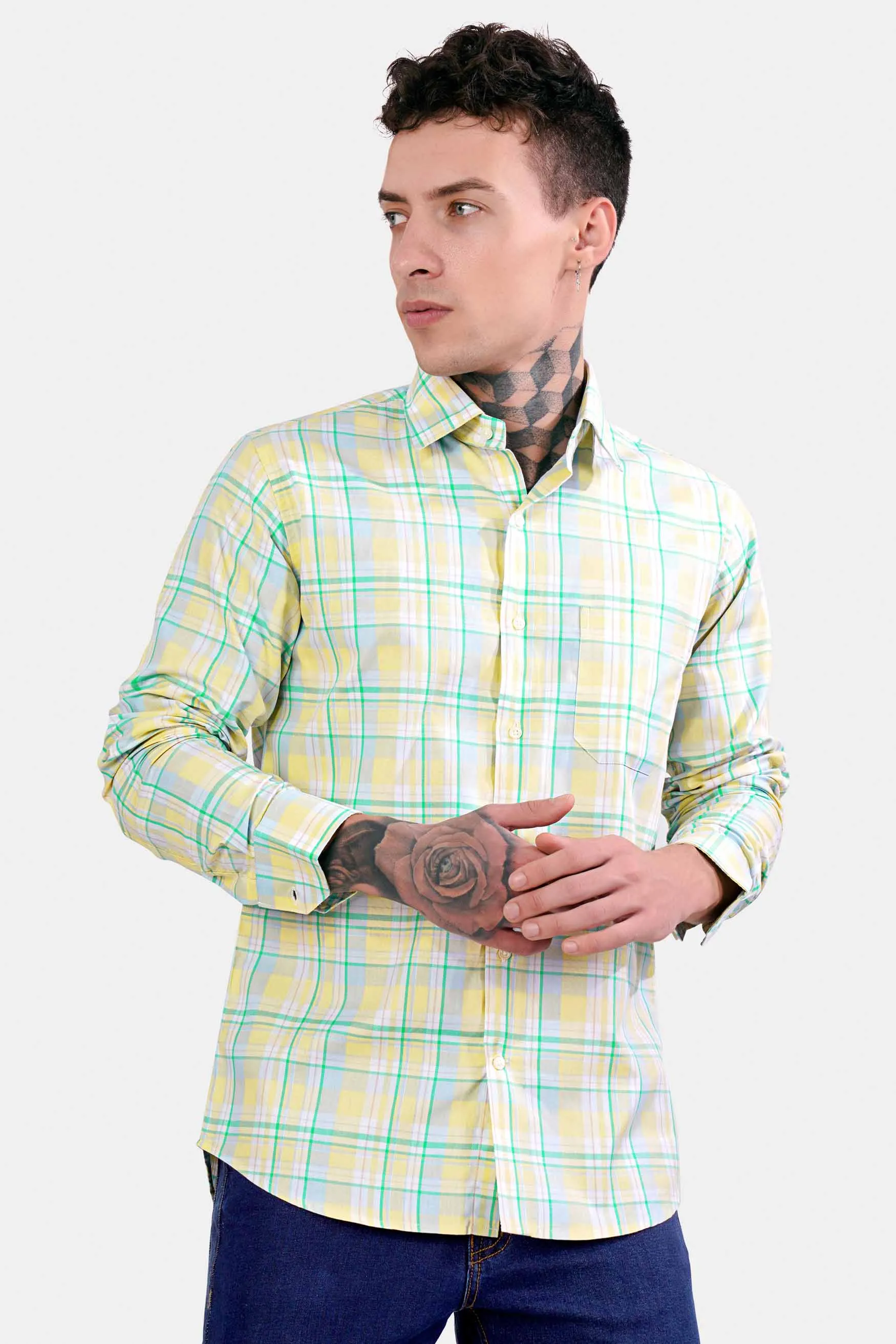 Arylide Brown with White and Teal Green Twill Plaid Premium Cotton Shirt