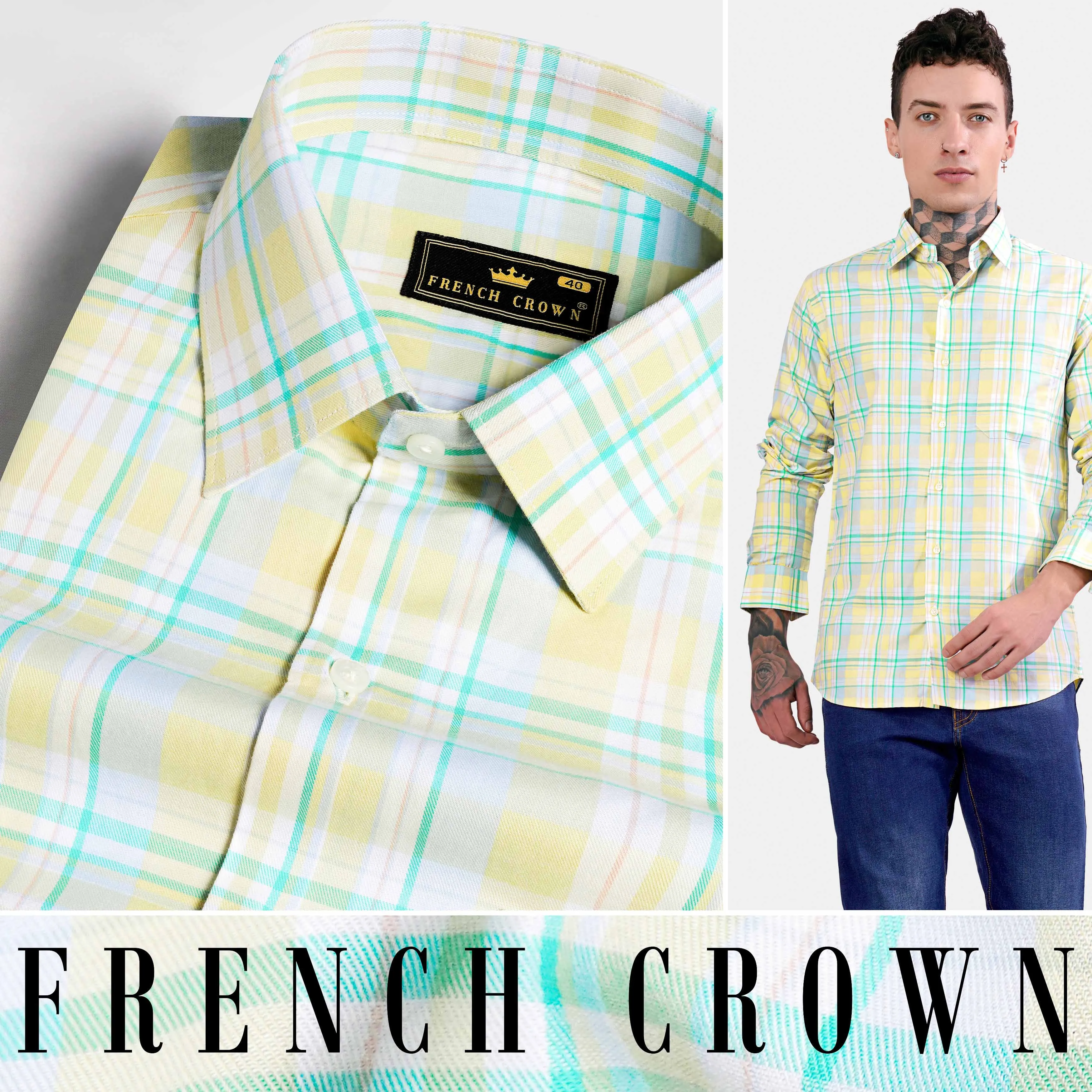 Arylide Brown with White and Teal Green Twill Plaid Premium Cotton Shirt