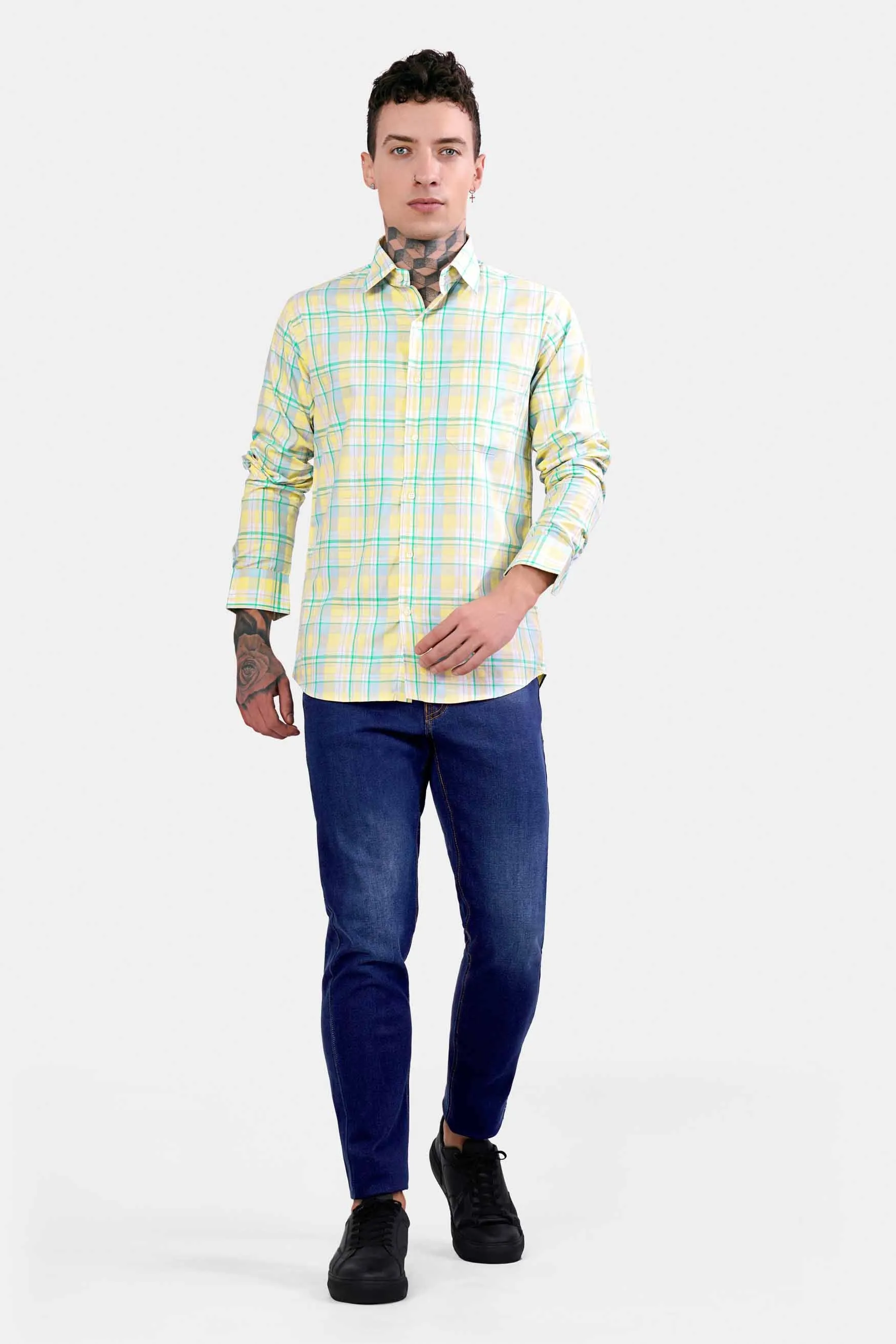 Arylide Brown with White and Teal Green Twill Plaid Premium Cotton Shirt