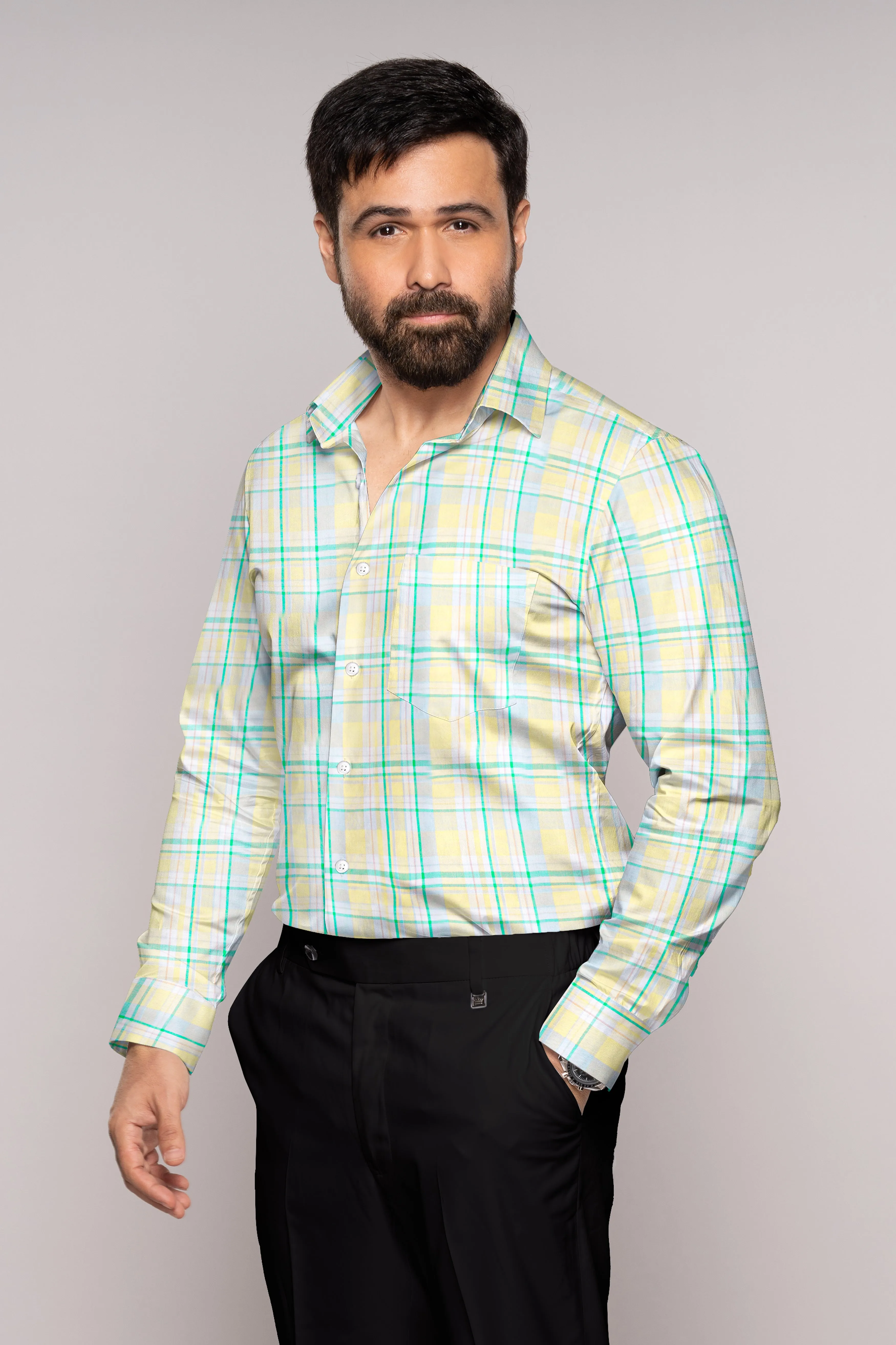 Arylide Brown with White and Teal Green Twill Plaid Premium Cotton Shirt