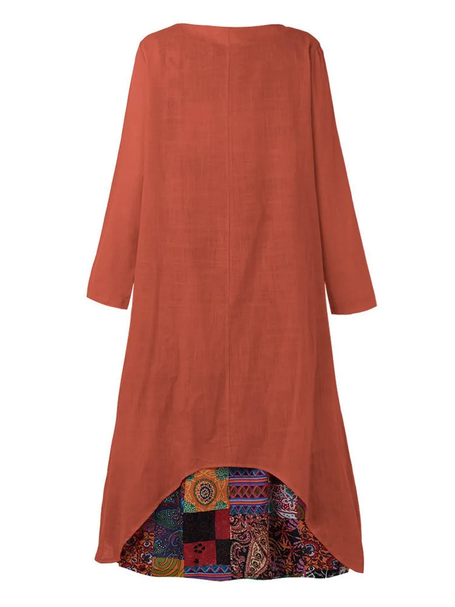 Autumn Cotton and Linen Fake Two Long Sleeve Loose Dress