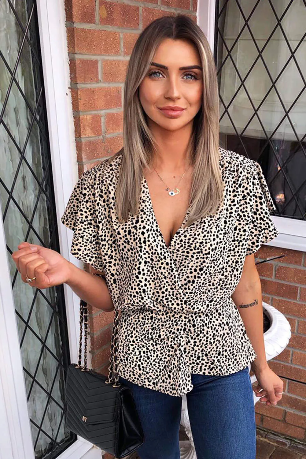 Beige Printed Wrap Top