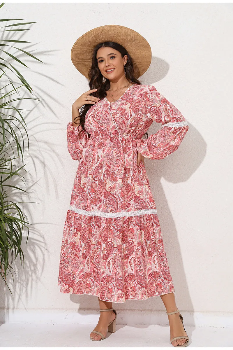 BerriesJam - 2024 V Neck Bohemia Lace Patchwork Lantern Sleeve Dress