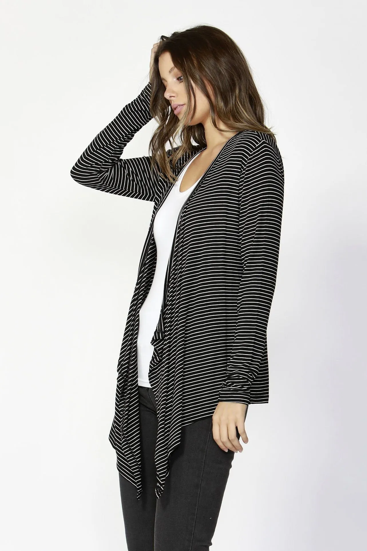 Betty Basics Melbourne Cardigan in Black White Stripe