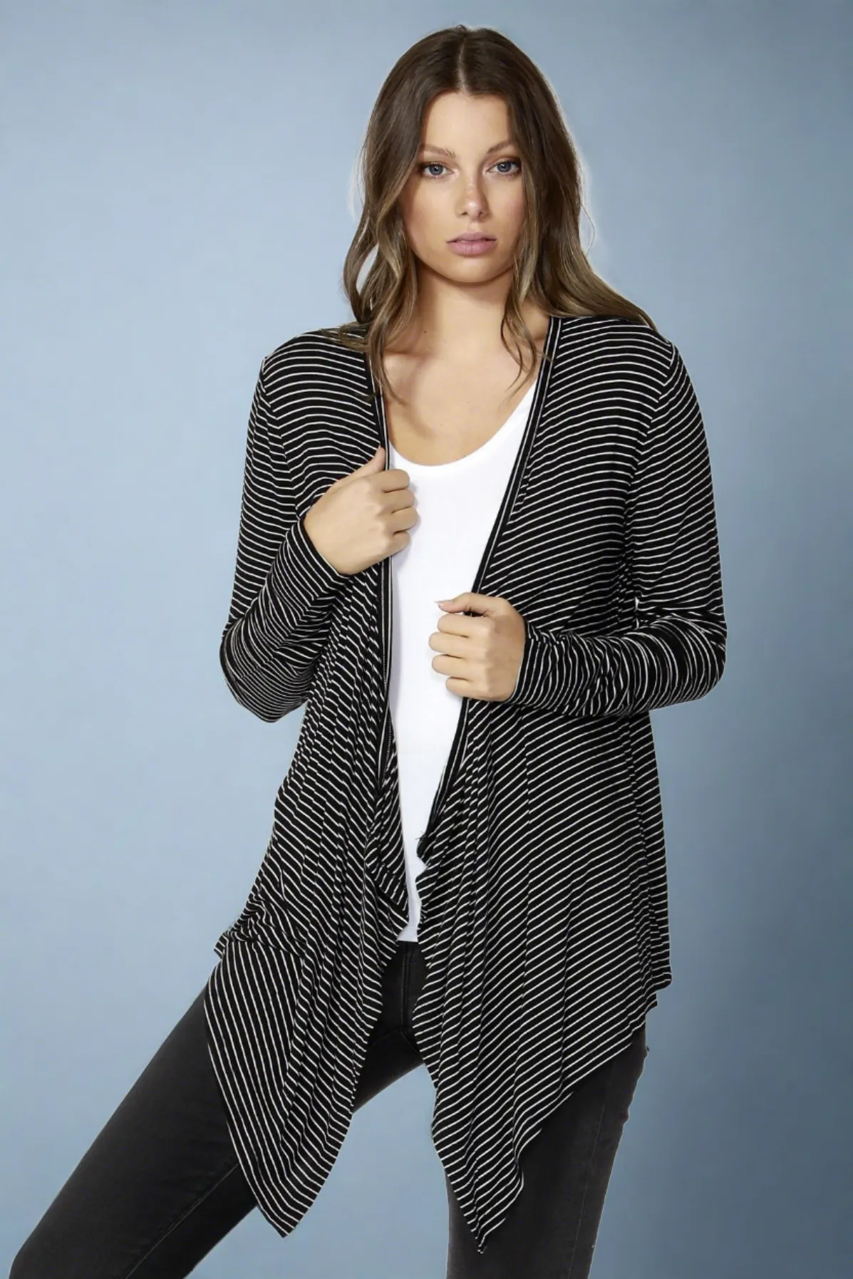 Betty Basics Melbourne Cardigan in Black White Stripe