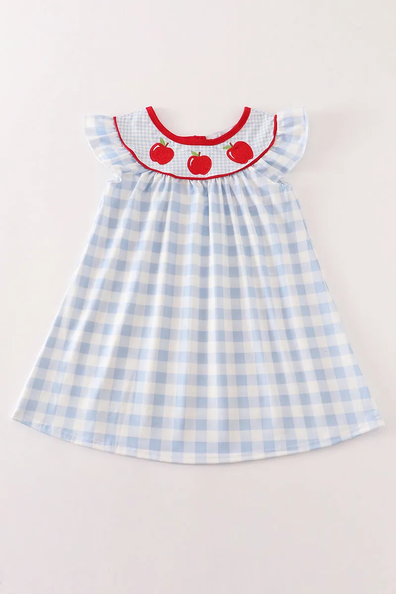 Blue apple embroidery plaid dress